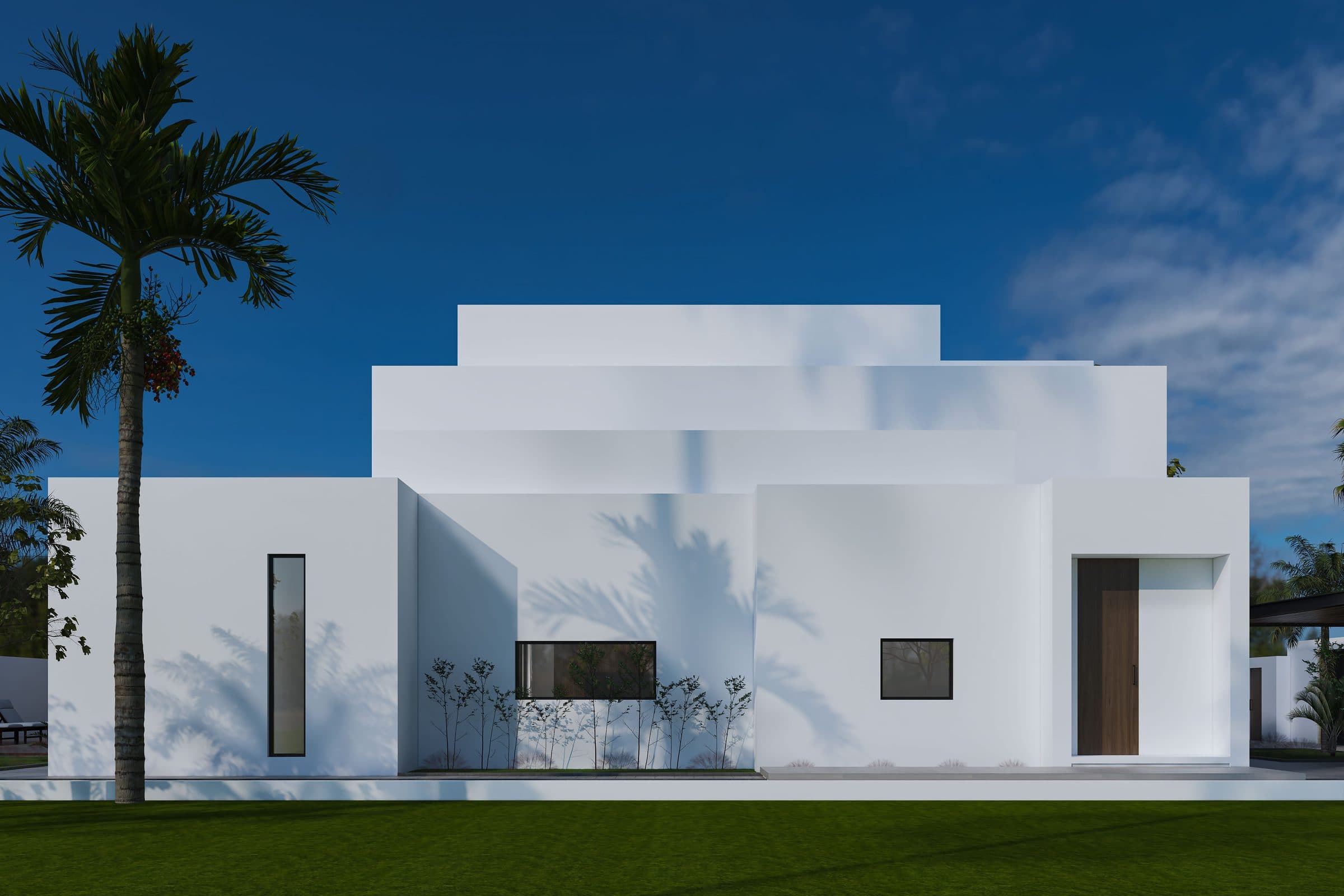 Design visualisation of the side elevation in daylight with a timber door and lawn, by LKYOOB