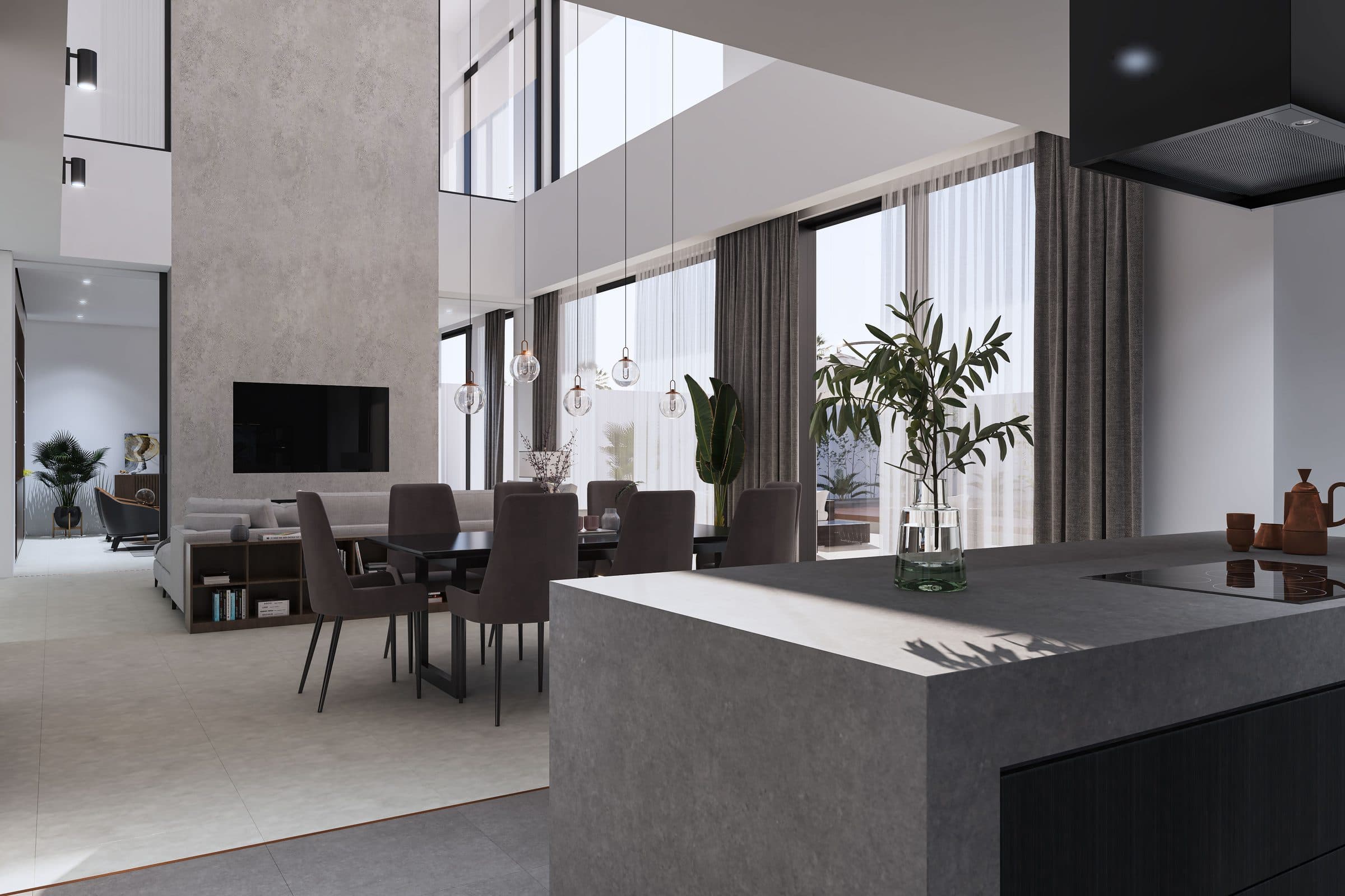 Design visualisation of the family living room, dining and open kitchen in one space, by LKYOOB