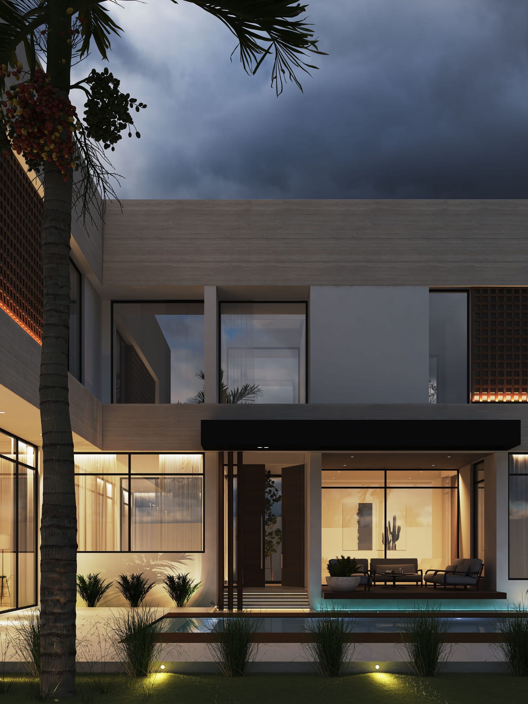 Design visualisation of the entrance elevation at dusk, lattice panels above a lit porch and pool, by LKYOOB