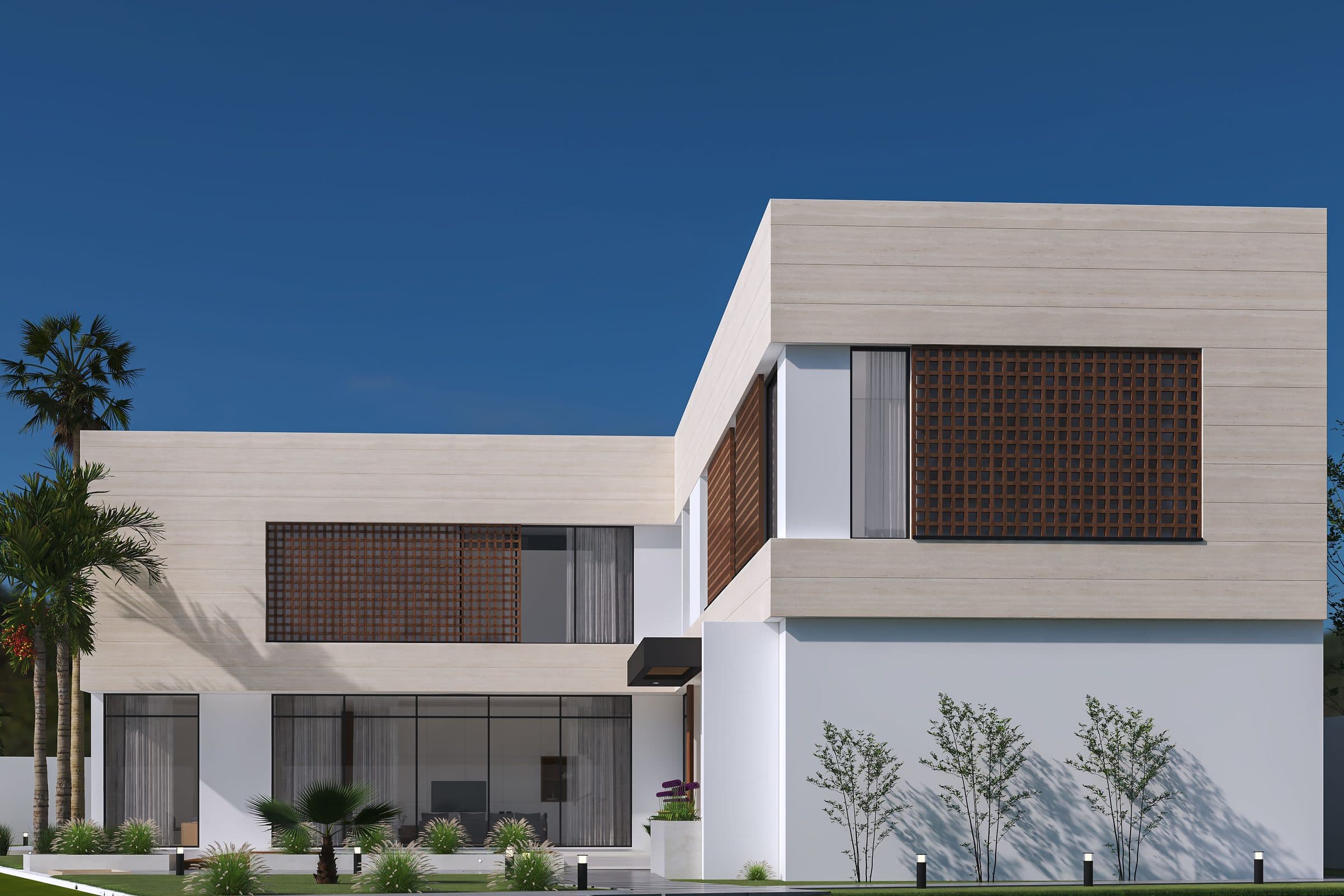 Design visualisation of the street elevation in daylight, two timber lattice screens over the glazing, by LKYOOB
