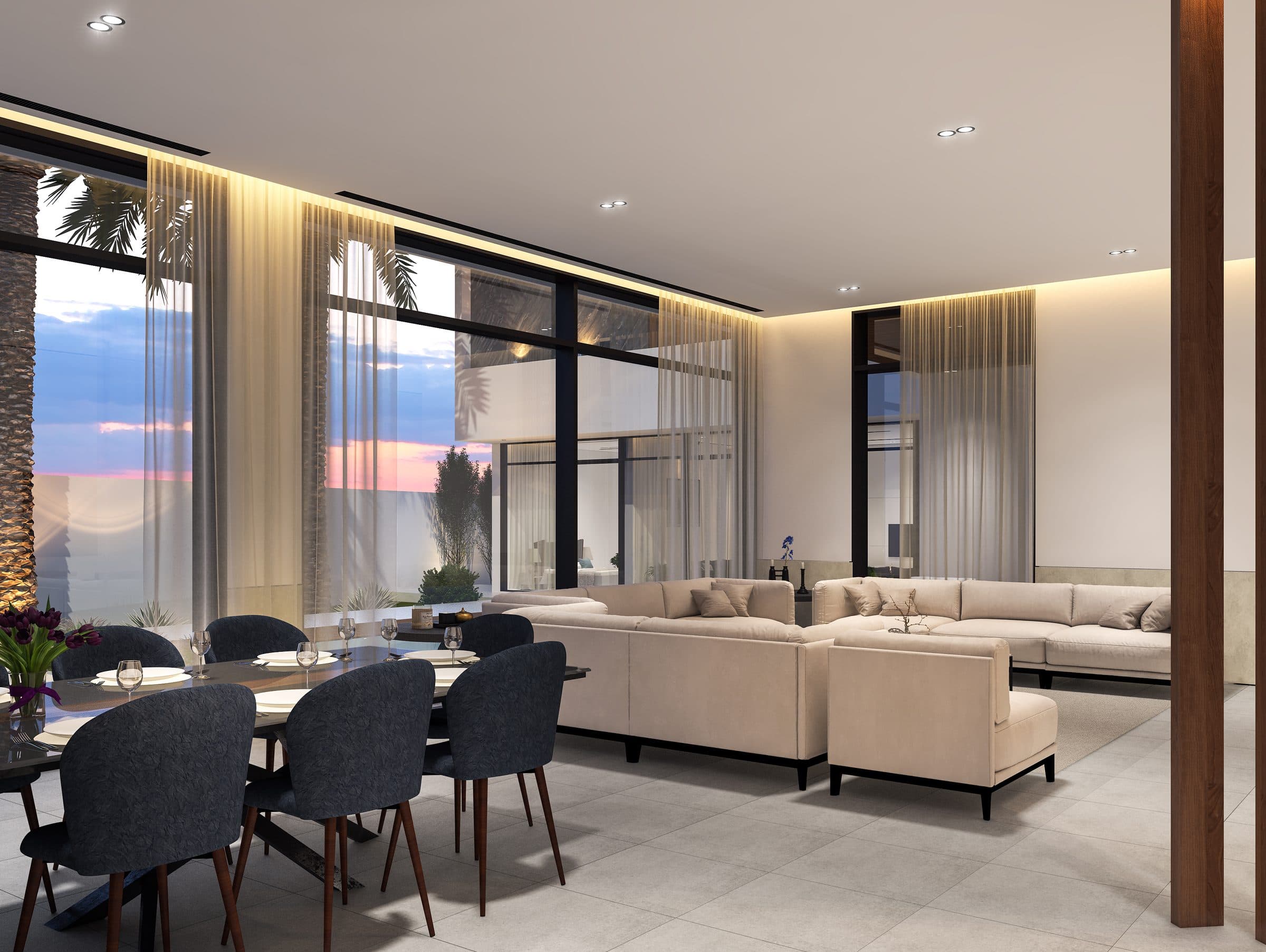 Design visualisation of the dining and living room along glass walls to the pool terrace at dusk, by LKYOOB