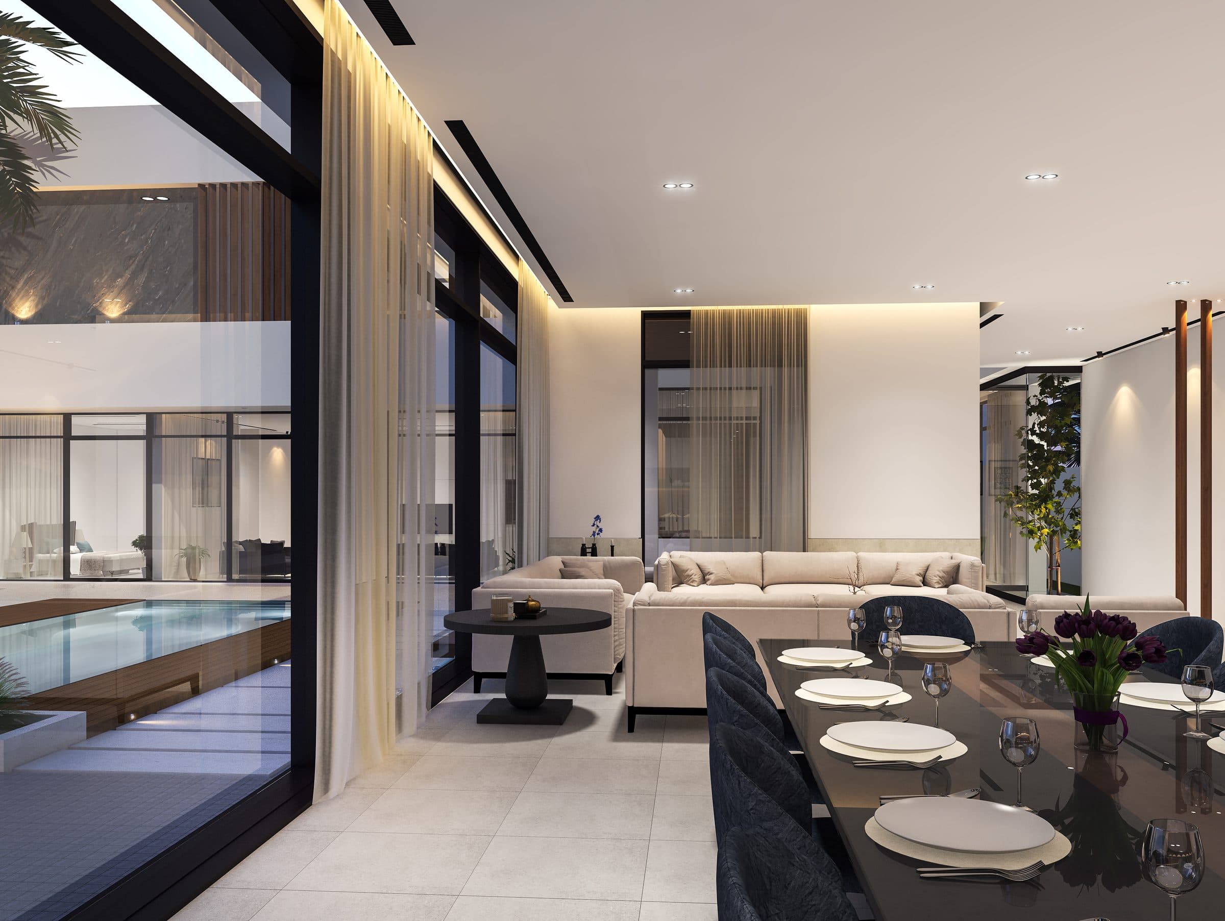 Design visualisation of the dining table beside the pool terrace, by LKYOOB