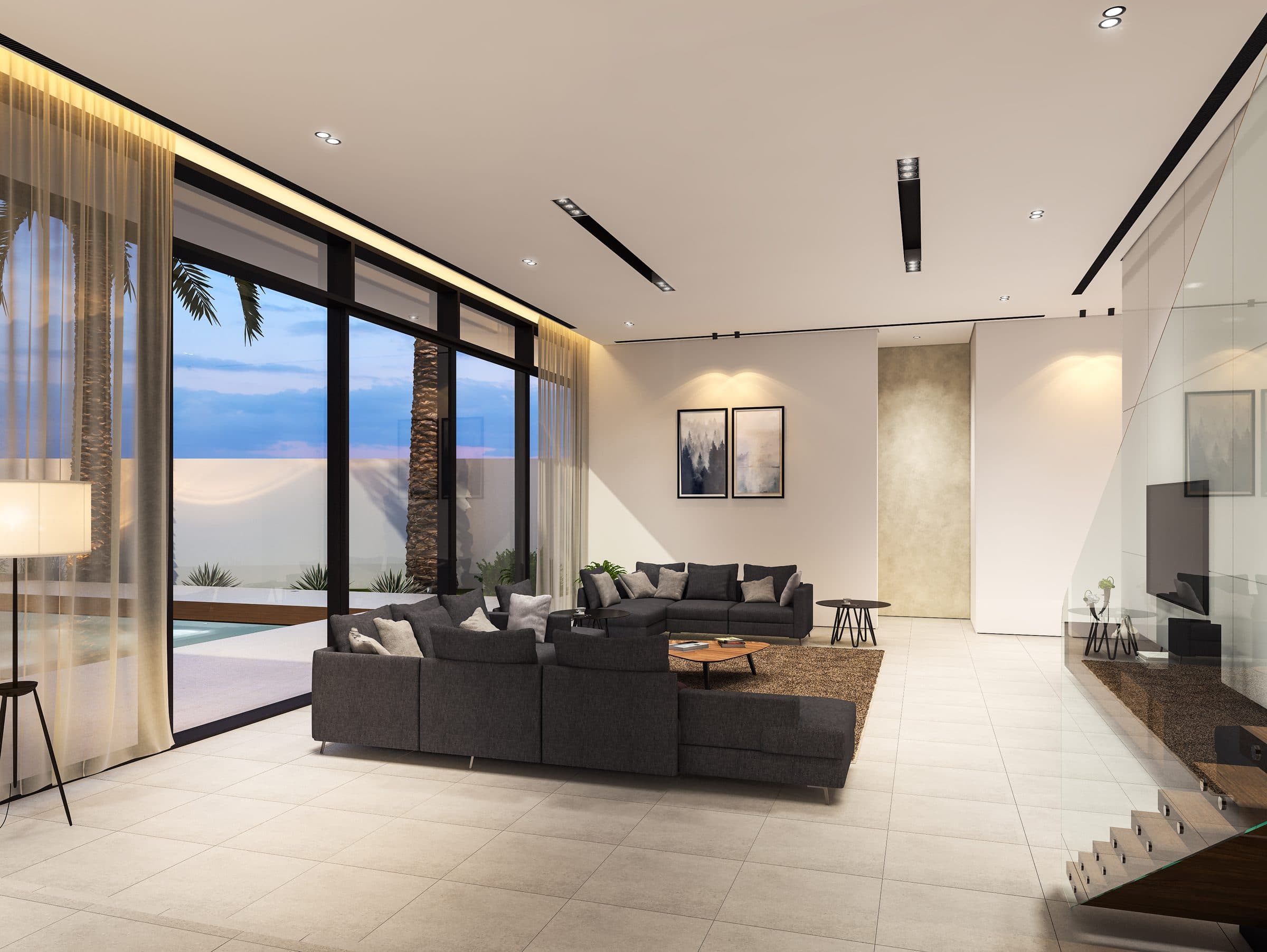Design visualisation of the living room with a dark sofa and a glass wall to the pool, by LKYOOB