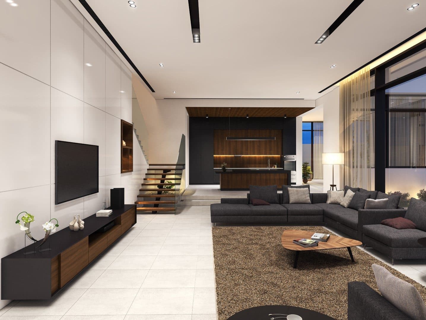 Design visualisation of the family room with a television wall, a floating stair and a walnut kitchen, by LKYOOB