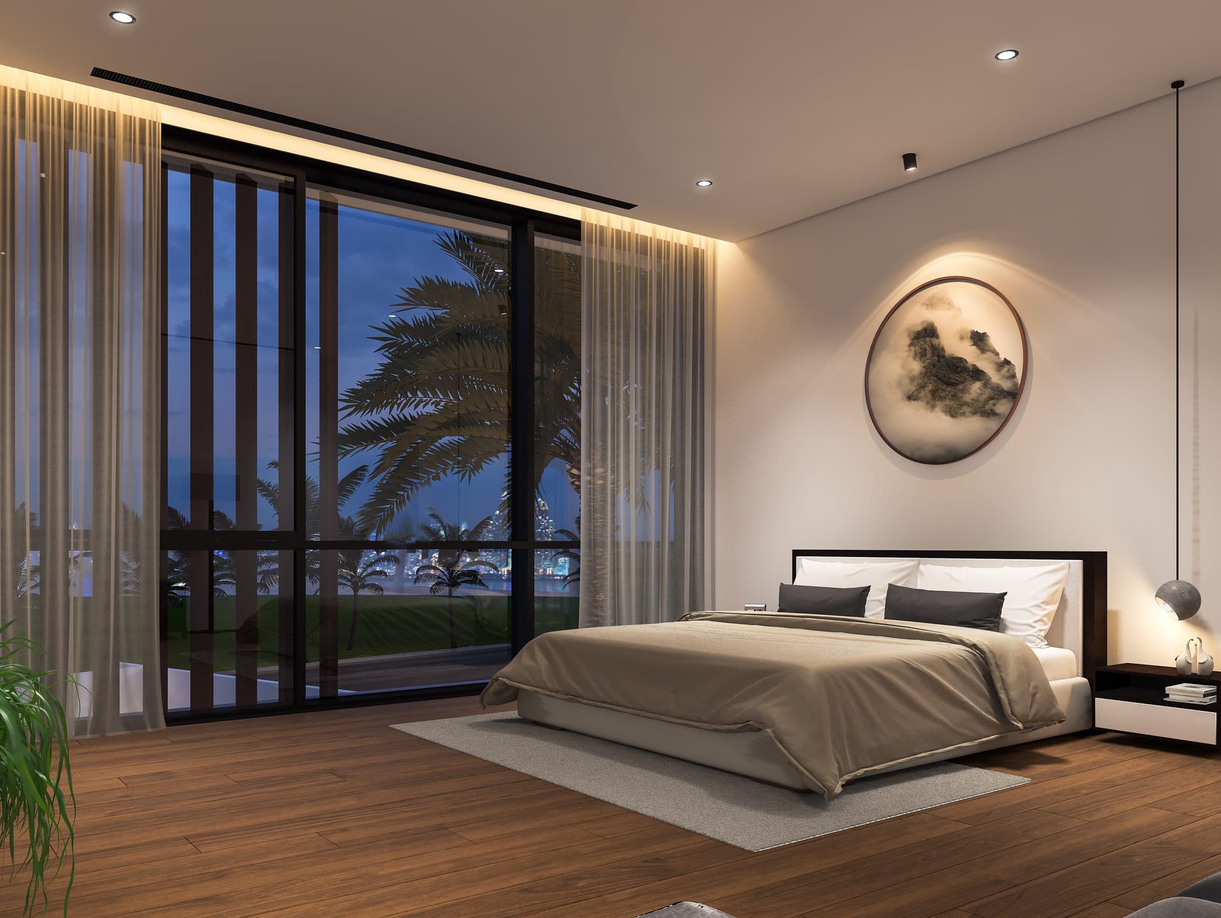 Design visualisation of a bedroom on a timber floor with a round artwork and glazing to palms, by LKYOOB