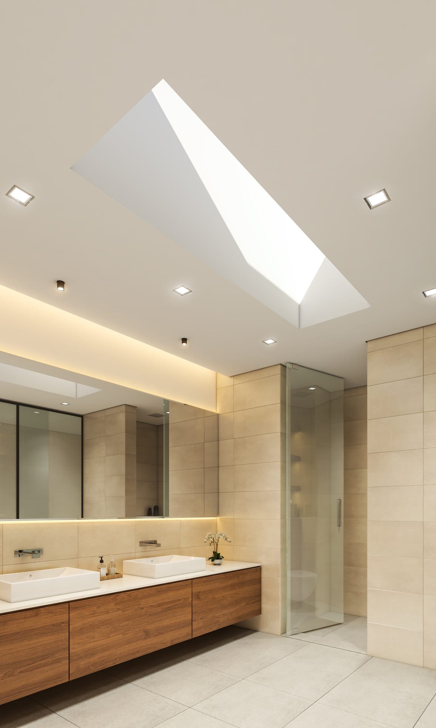 Design visualisation of the bathroom with twin basins on a walnut vanity under a skylight, by LKYOOB