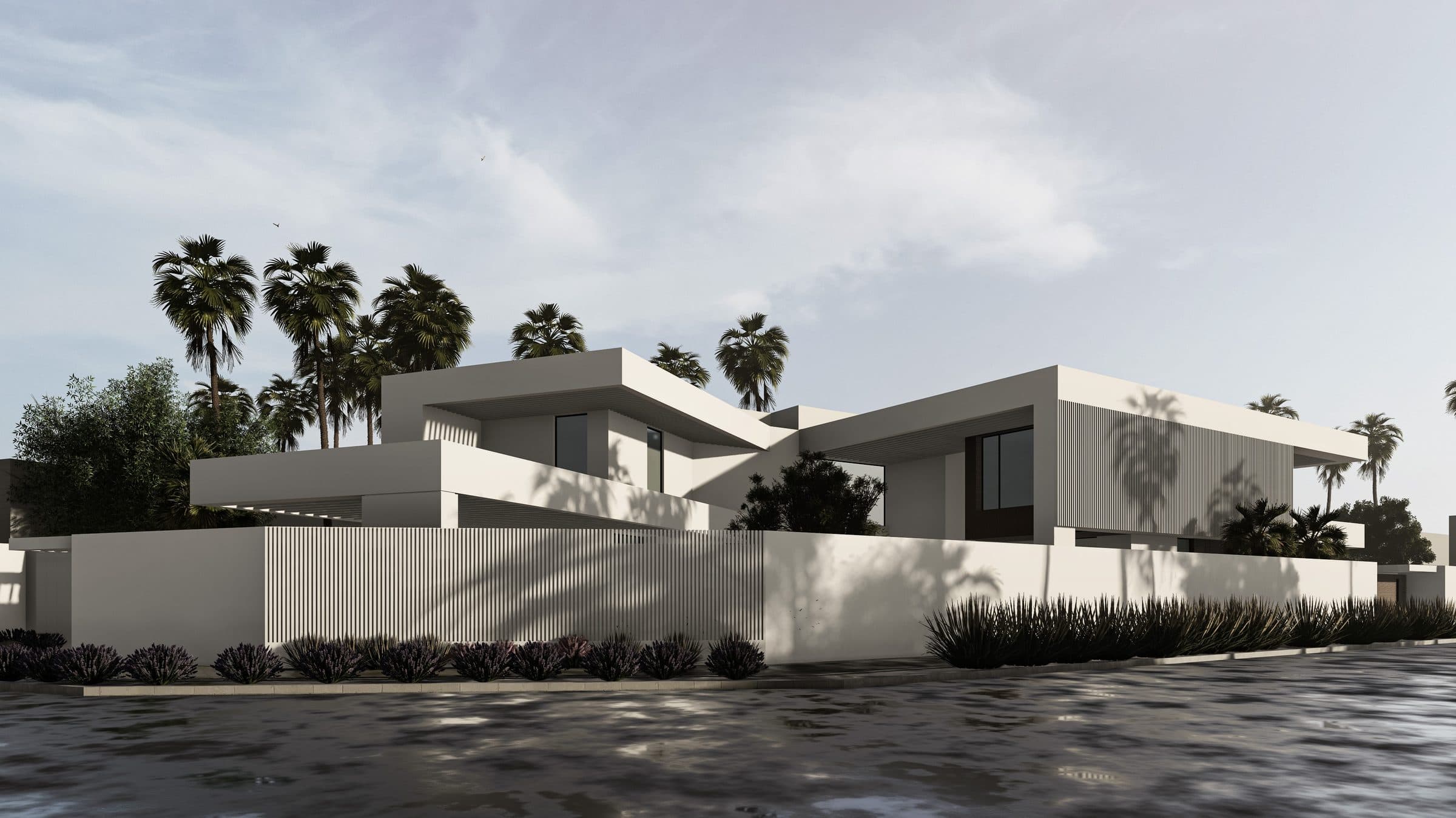 Design visualisation of a white villa with deep flat roof slabs and a vertical-slat boundary fence behind lavender beds, seen from the street corner, a LKYOOB villa design