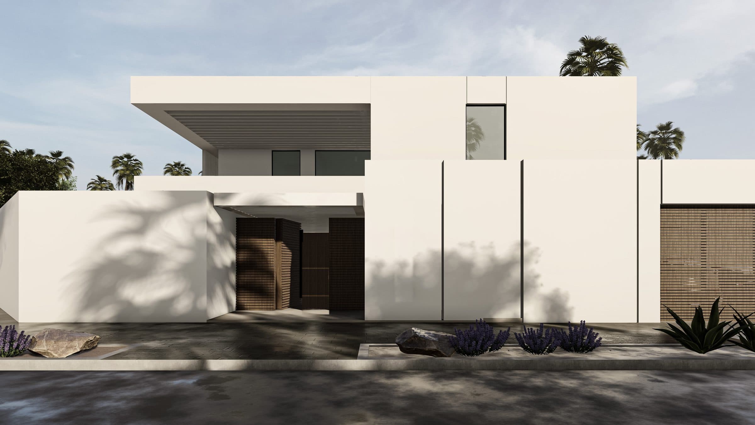 Design visualisation of the entrance under a deep white canopy between timber-slat doors, with rocks and lavender along the wall, by LKYOOB