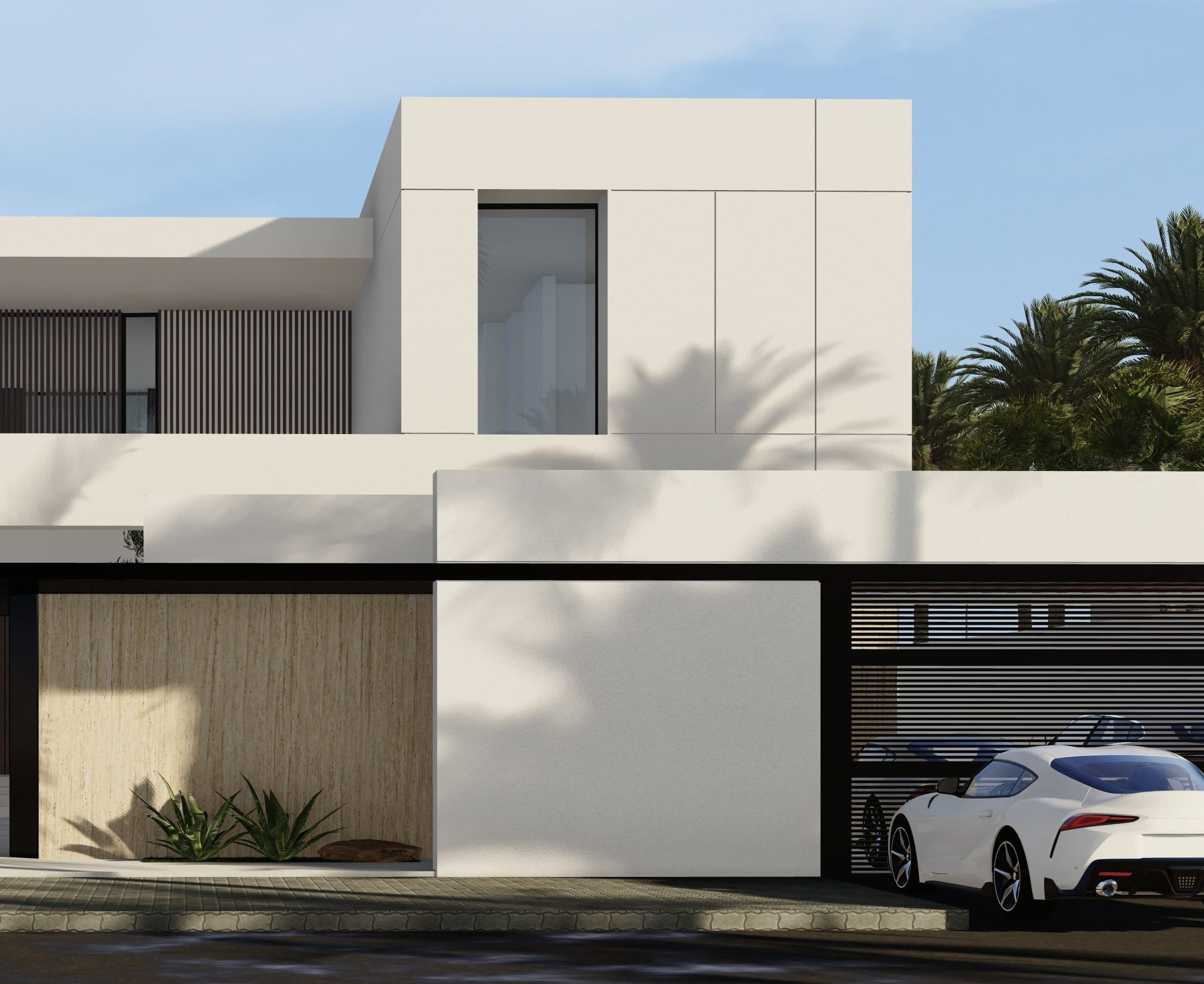 Design visualisation of the two-storey white volume with a narrow vertical window above the timber-slat garage screen, by LKYOOB