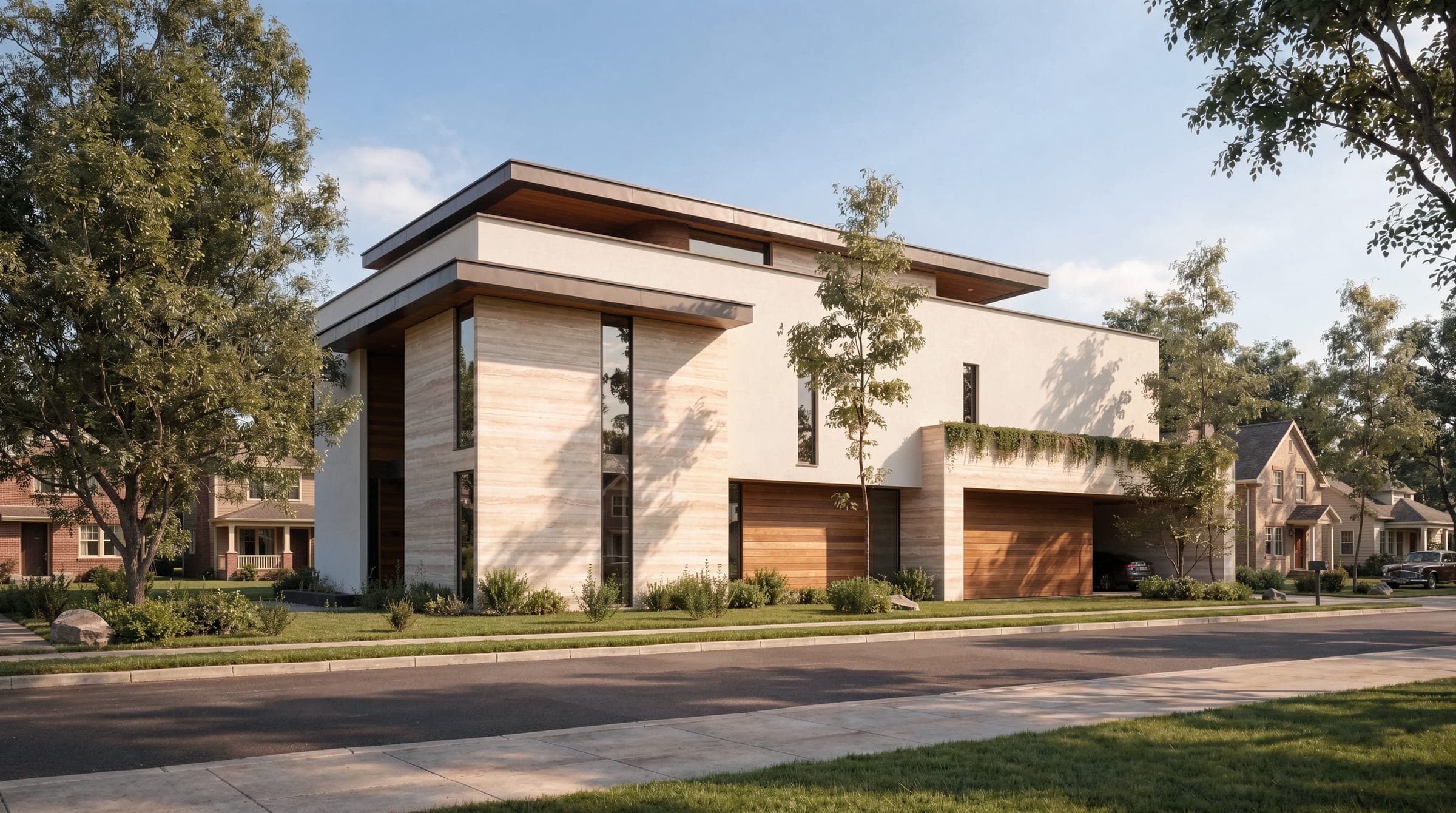 Design visualisation of Layered Geometry from the street, travertine walls and timber garage doors under a deep flat roof, by LKYOOB