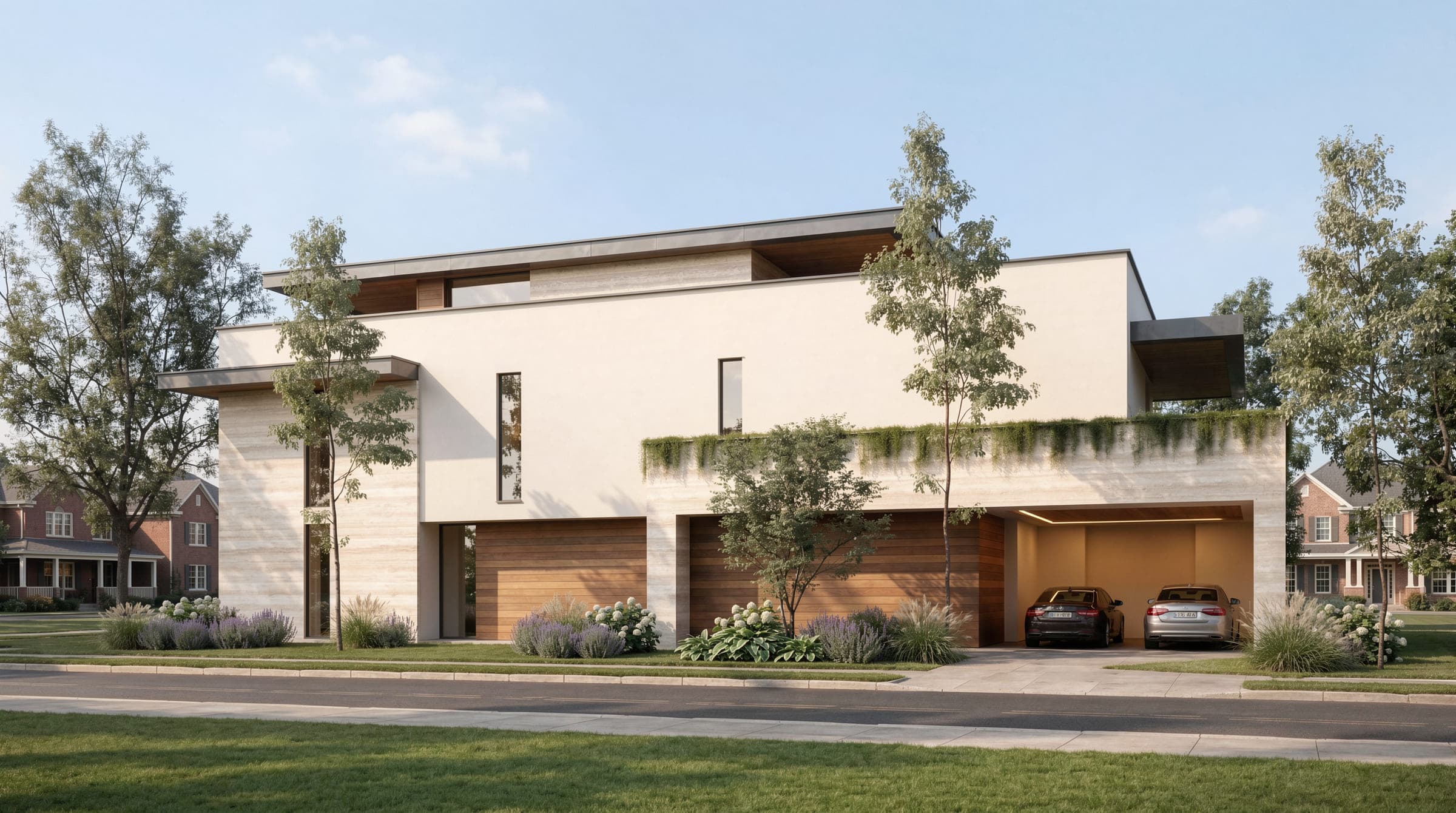 Design visualisation of the street elevation, a long travertine wall with timber garage doors under a deep flat roof, by LKYOOB
