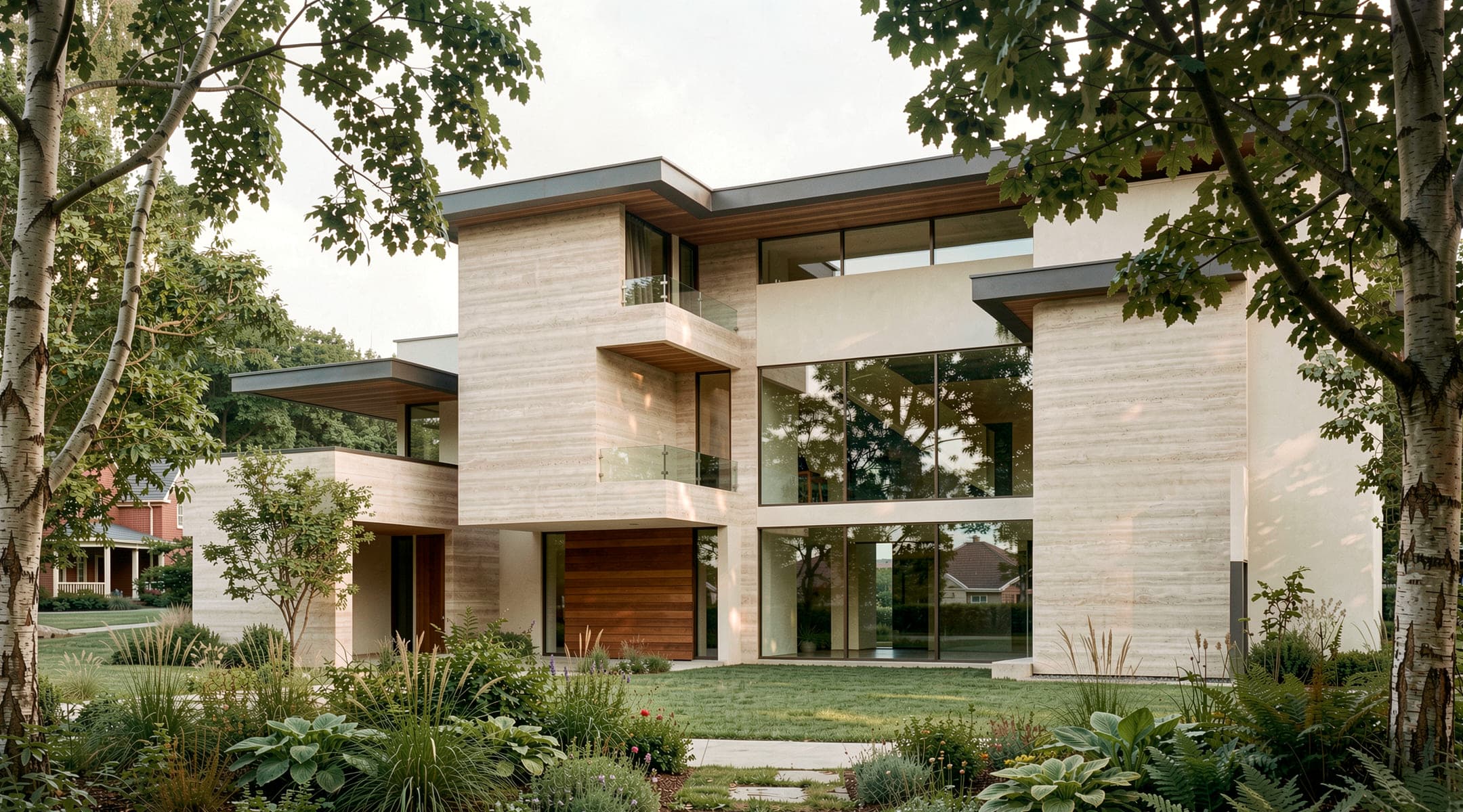 Design visualisation of the garden side, two storeys of glazing above planting and lawn, by LKYOOB