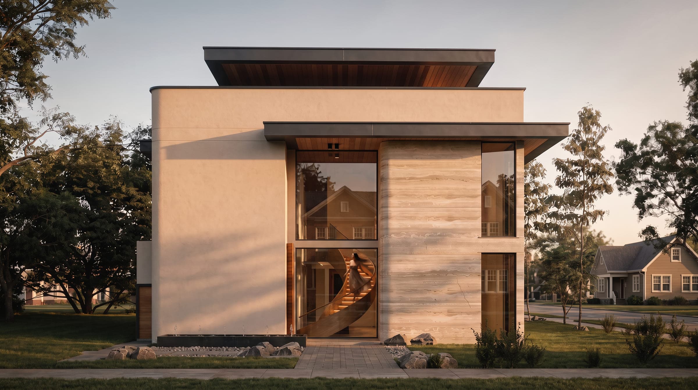 Design visualisation of the front elevation at dusk with the entrance lit from within, by LKYOOB
