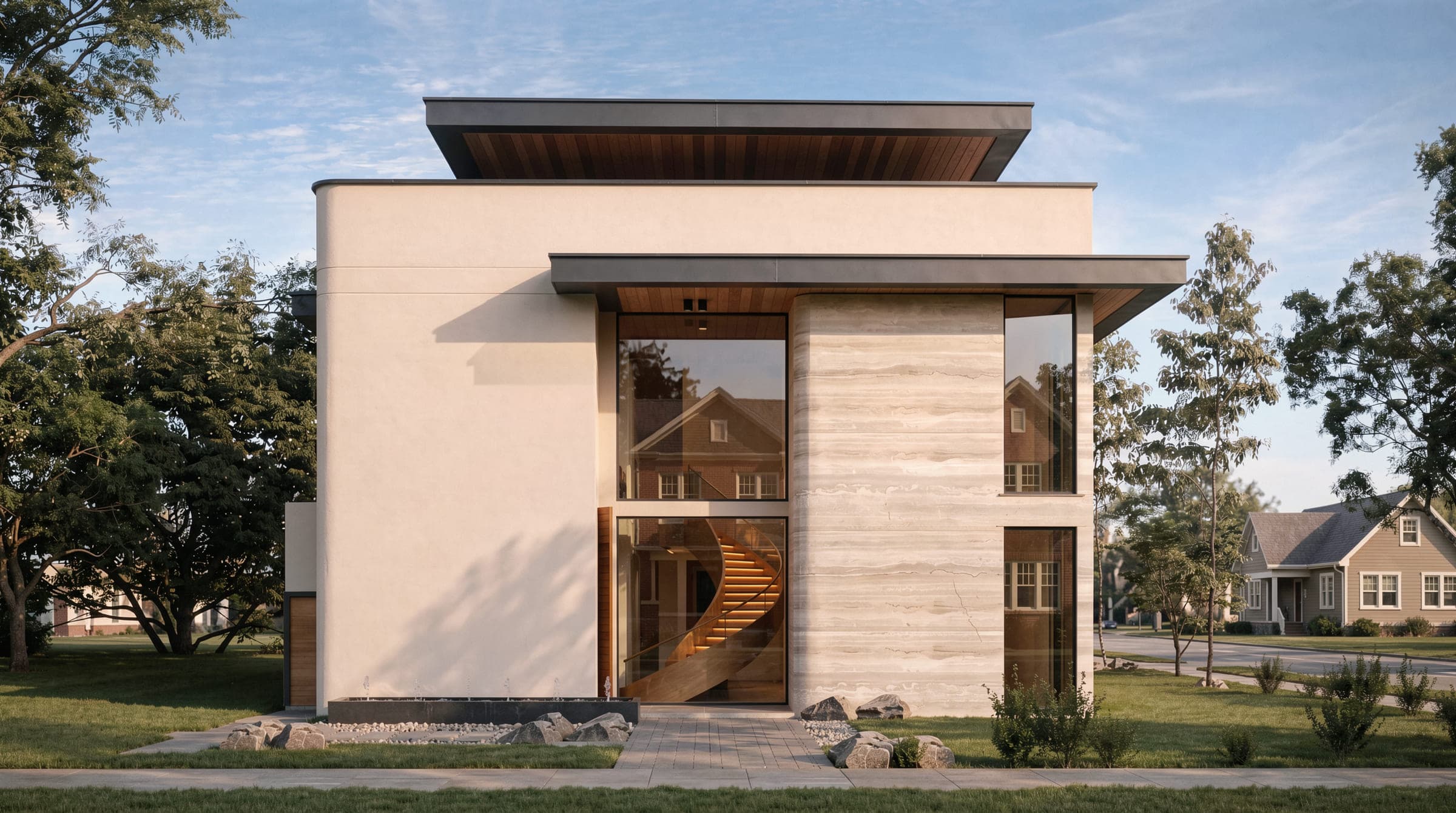 Design visualisation of the entrance recess between two stone volumes, lined in timber, by LKYOOB