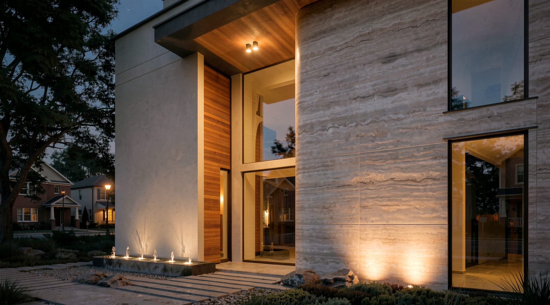 Design visualisation of the entrance at night, warm light under the timber soffit, by LKYOOB
