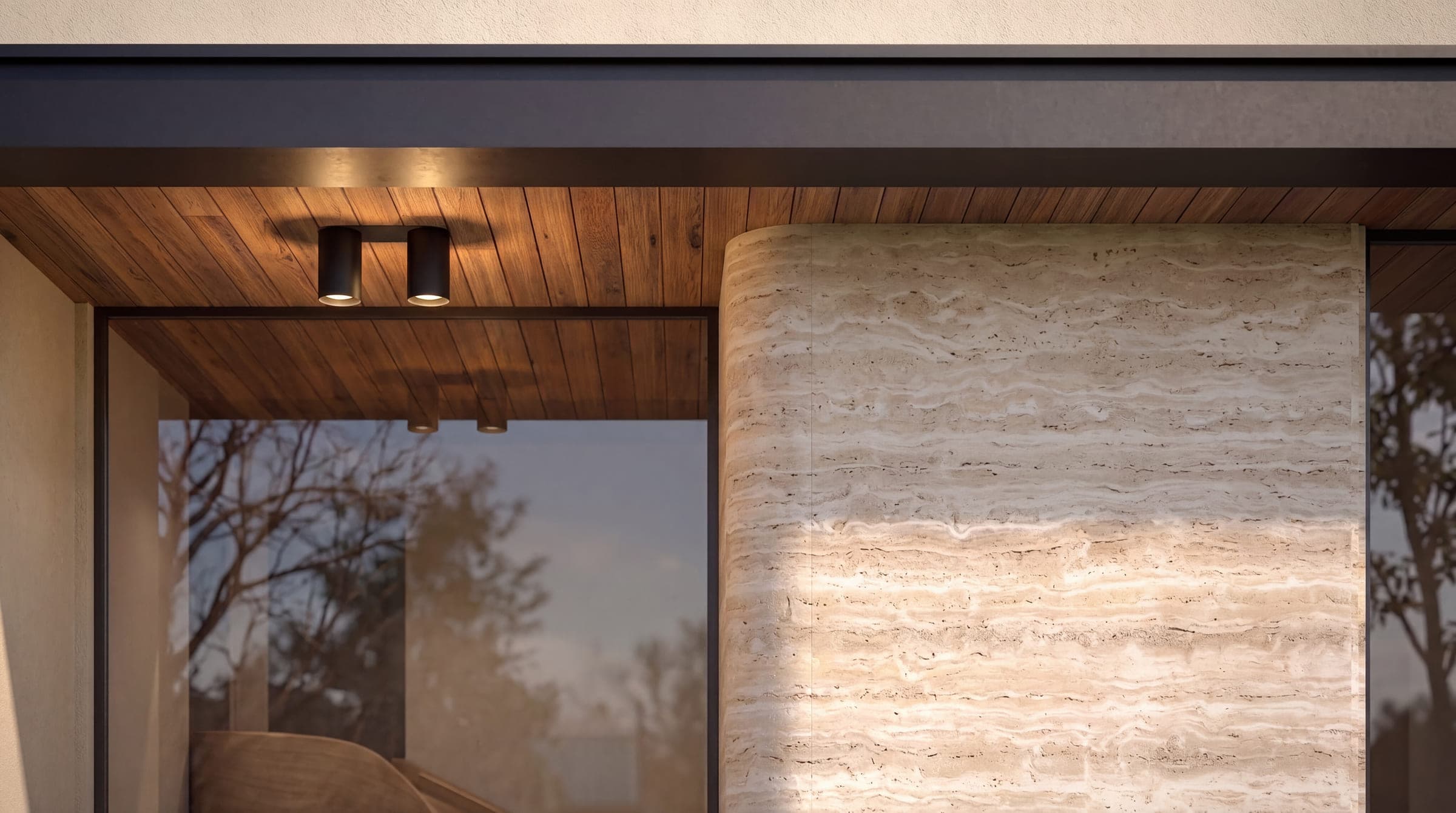Design visualisation of the entrance close to, timber soffit meeting travertine and glass, by LKYOOB
