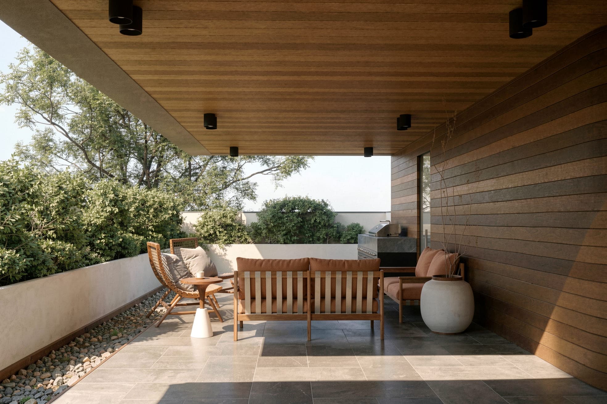 Design visualisation of the covered terrace under a timber soffit, with seating and a planter, by LKYOOB