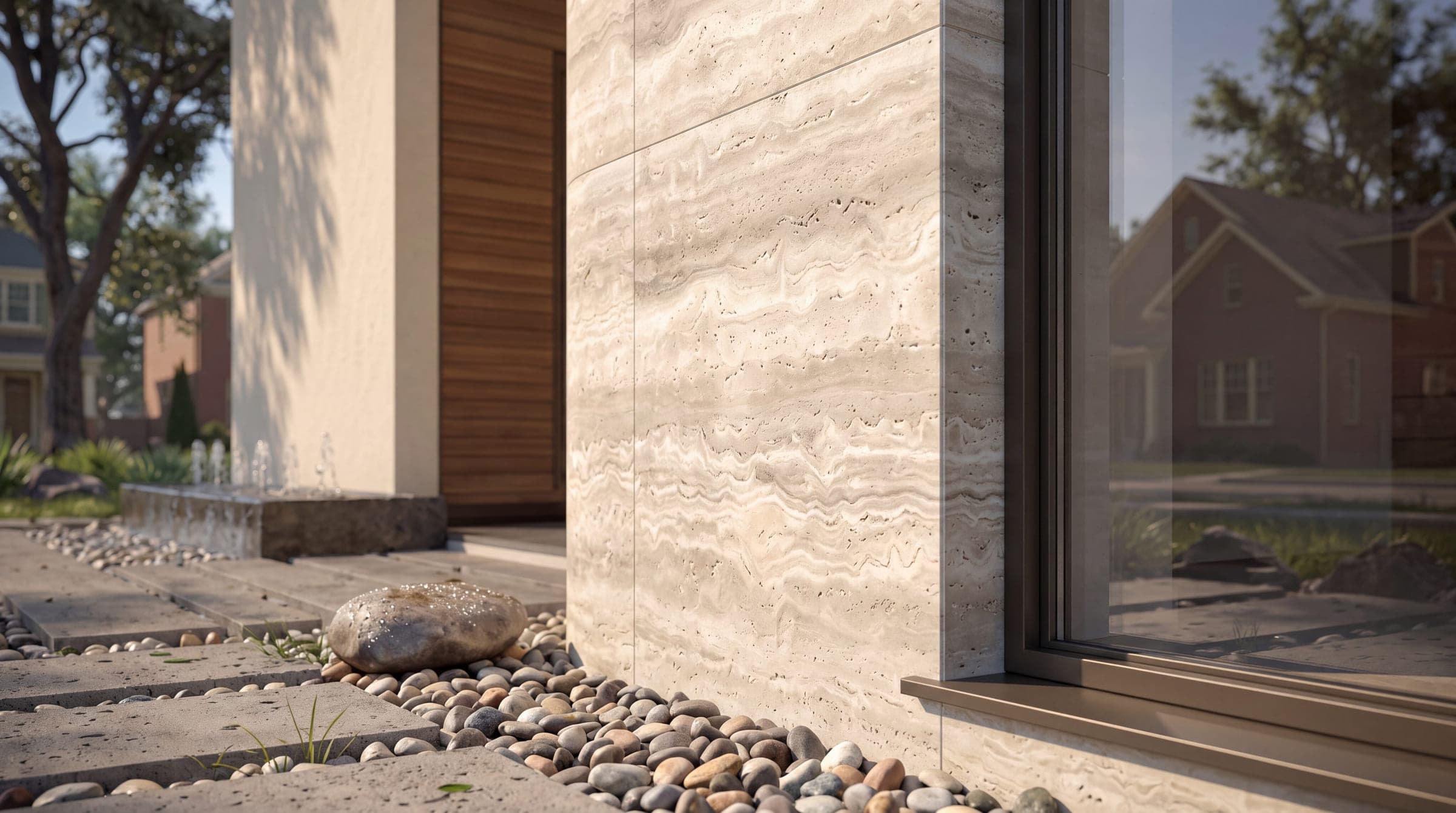 Design visualisation of a travertine wall meeting full-height glazing above a bed of pebbles, by LKYOOB