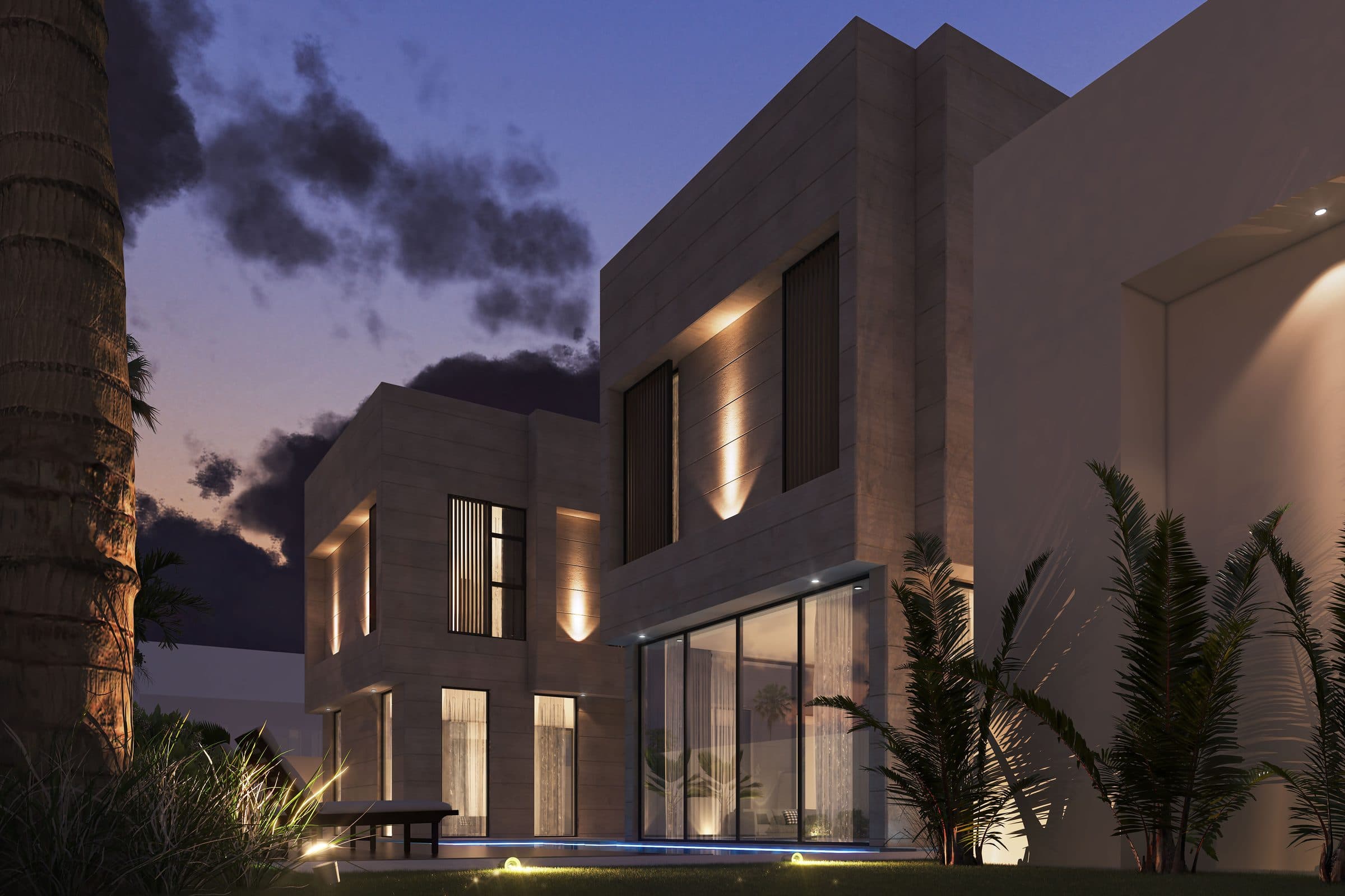 Design visualisation of The Limestone Villa at dusk, limestone volumes with lit windows above a garden and pool, by LKYOOB