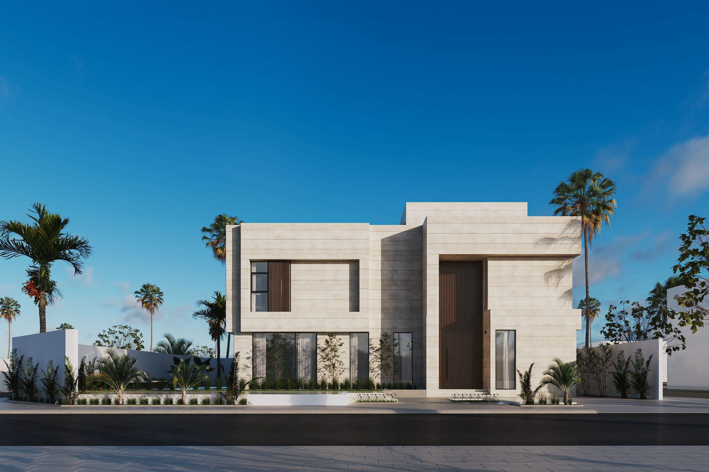 Design visualisation of the street elevation in daylight behind a white boundary wall and palms, by LKYOOB