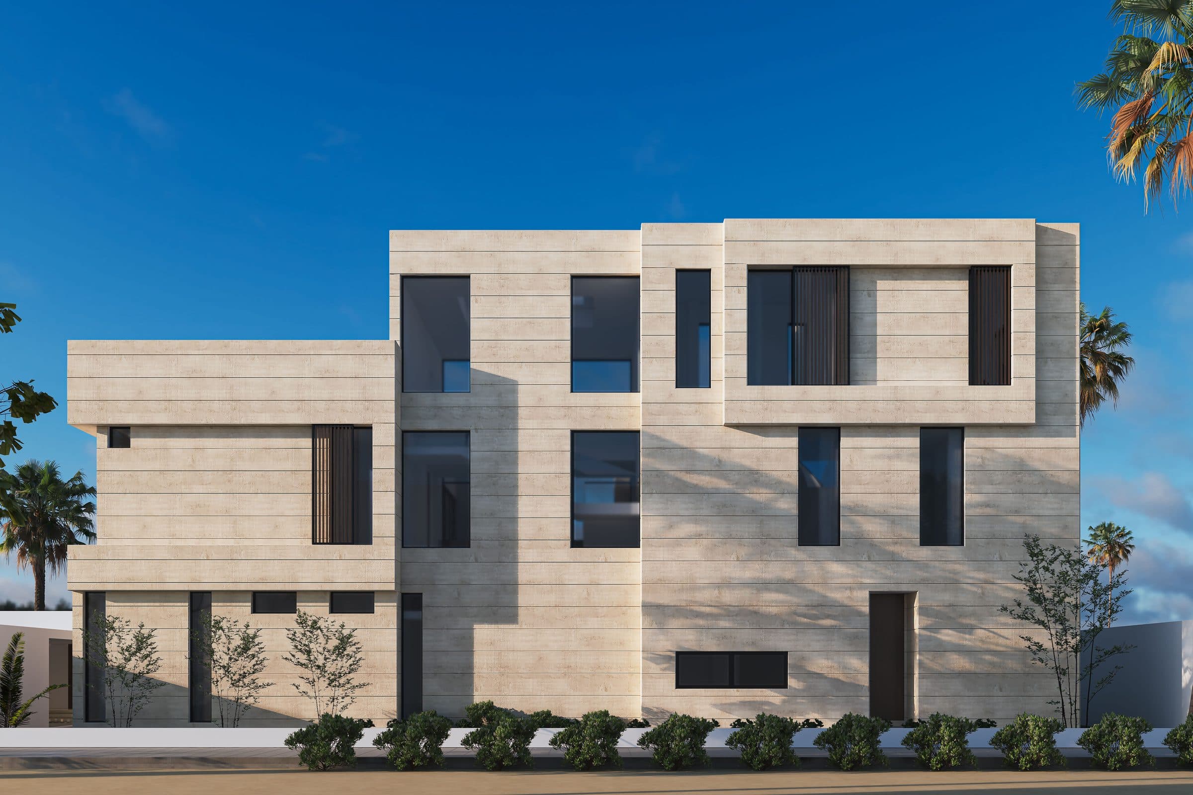 Design visualisation of the rear elevation in daylight with stacked limestone volumes, by LKYOOB