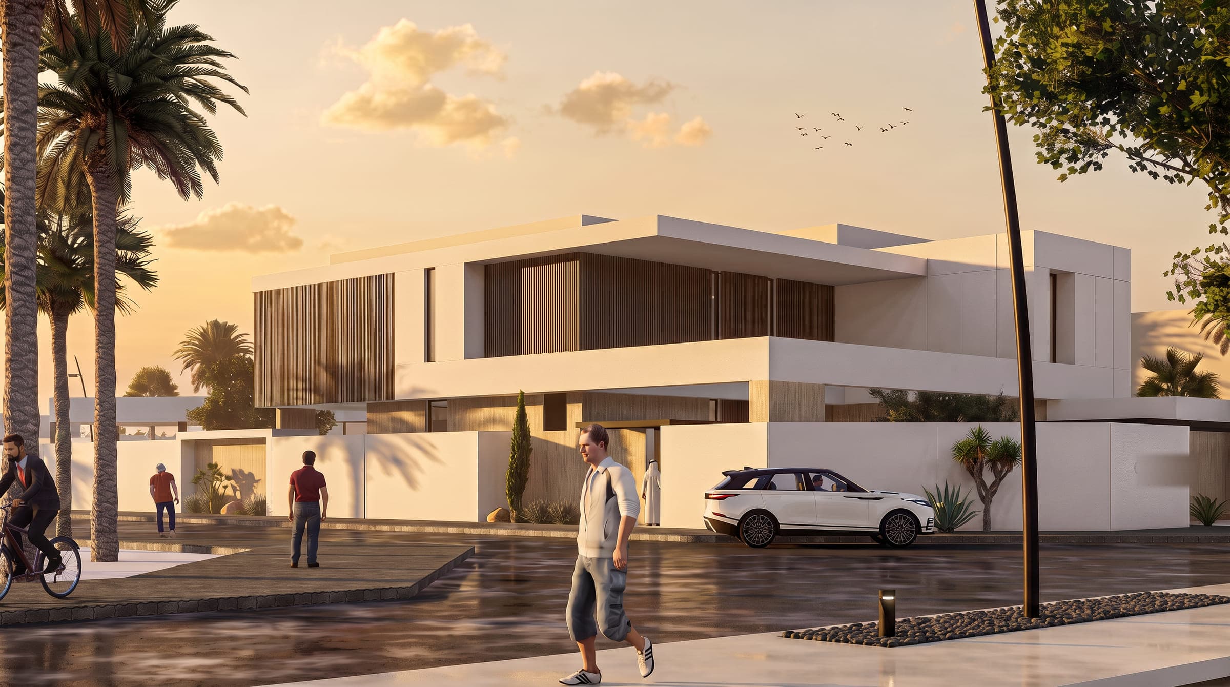 Line Villa from the street, a long white villa with timber soffits beside a planted pavement, a LKYOOB design visualisation