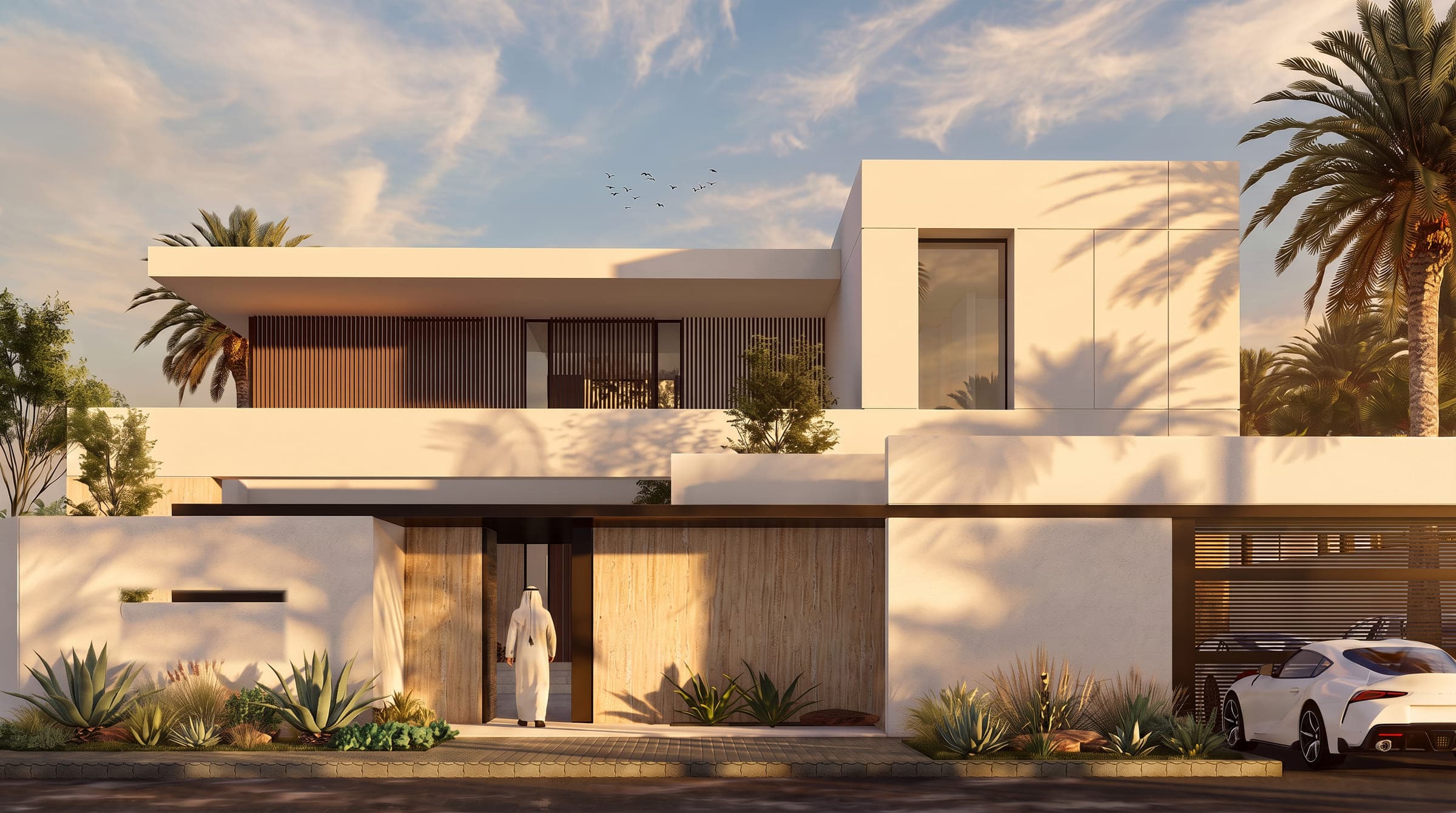 The entrance of Line Villa, a travertine wall and timber door beside the garage, a LKYOOB design visualisation