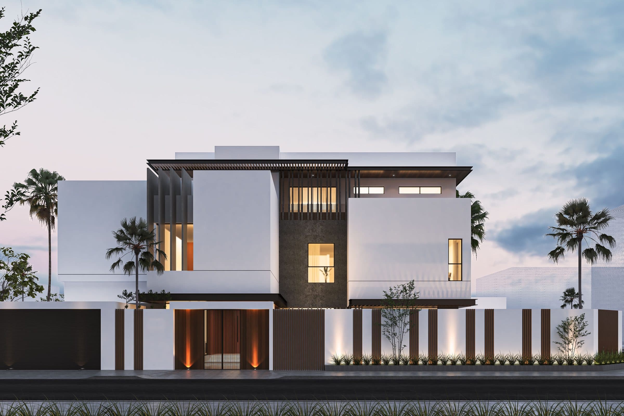 Design visualisation of The Louvred Villa at dusk, white volumes with dark stone and timber louvres, by LKYOOB