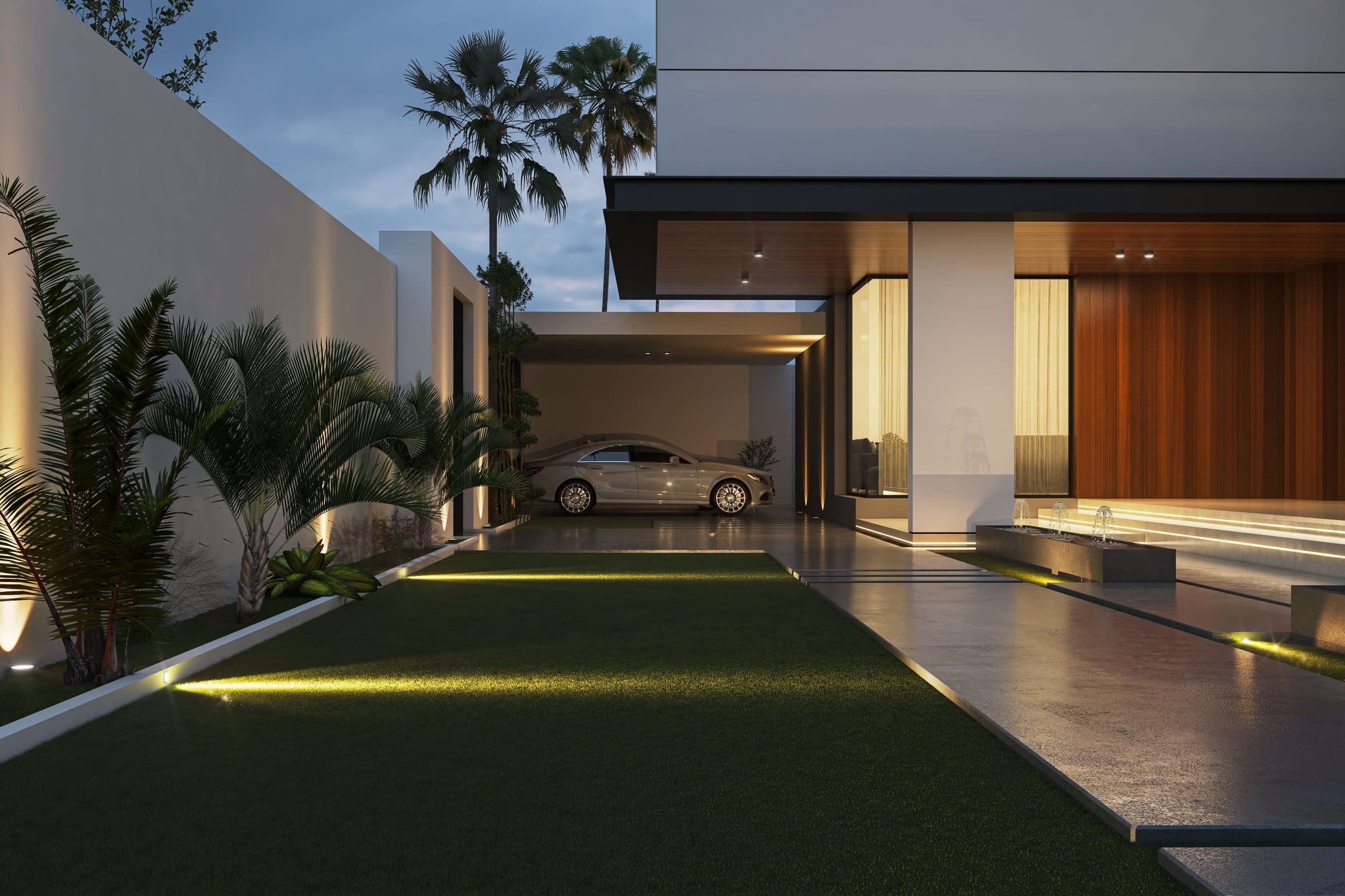 Design visualisation of the driveway court under palms in daylight, by LKYOOB