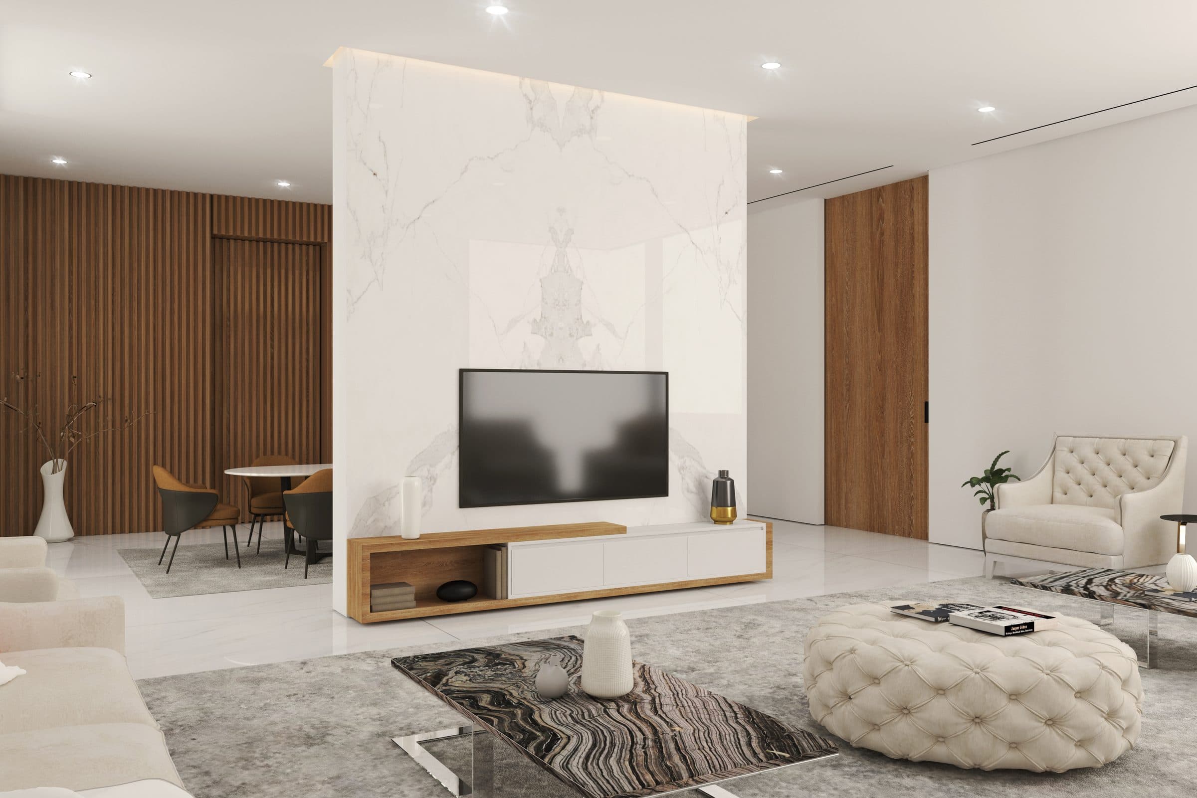 Design visualisation of the formal living room with a marble television wall, by LKYOOB
