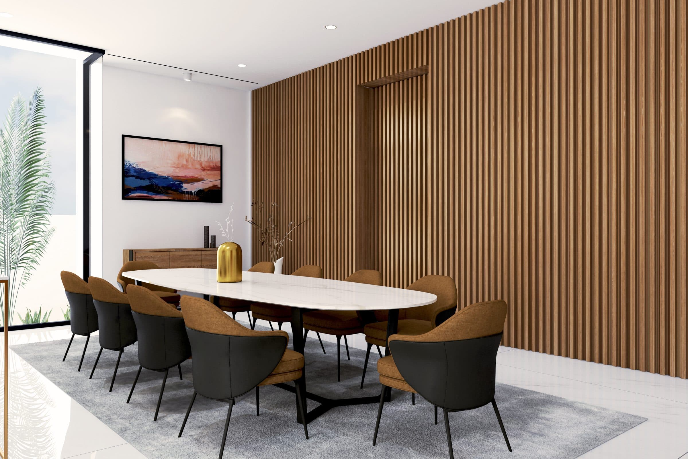 Design visualisation of the formal dining room against a wall of walnut slats, by LKYOOB