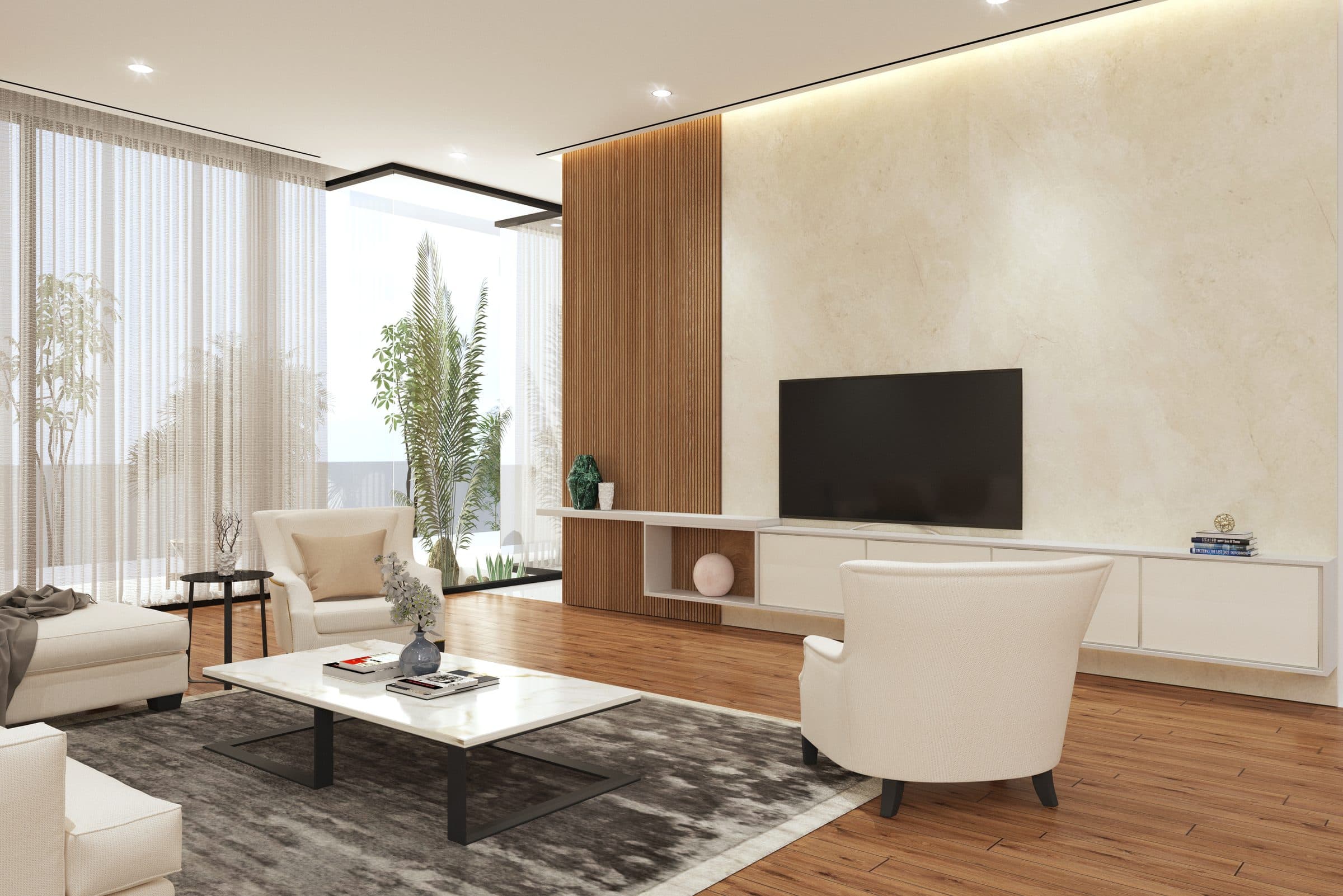 Design visualisation of the family living room with a low sofa and glazed wall, by LKYOOB