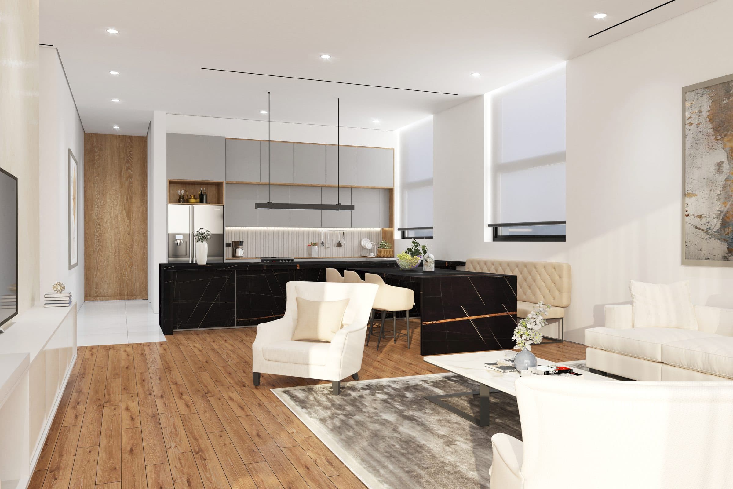 Design visualisation of the open kitchen with a dark island, by LKYOOB