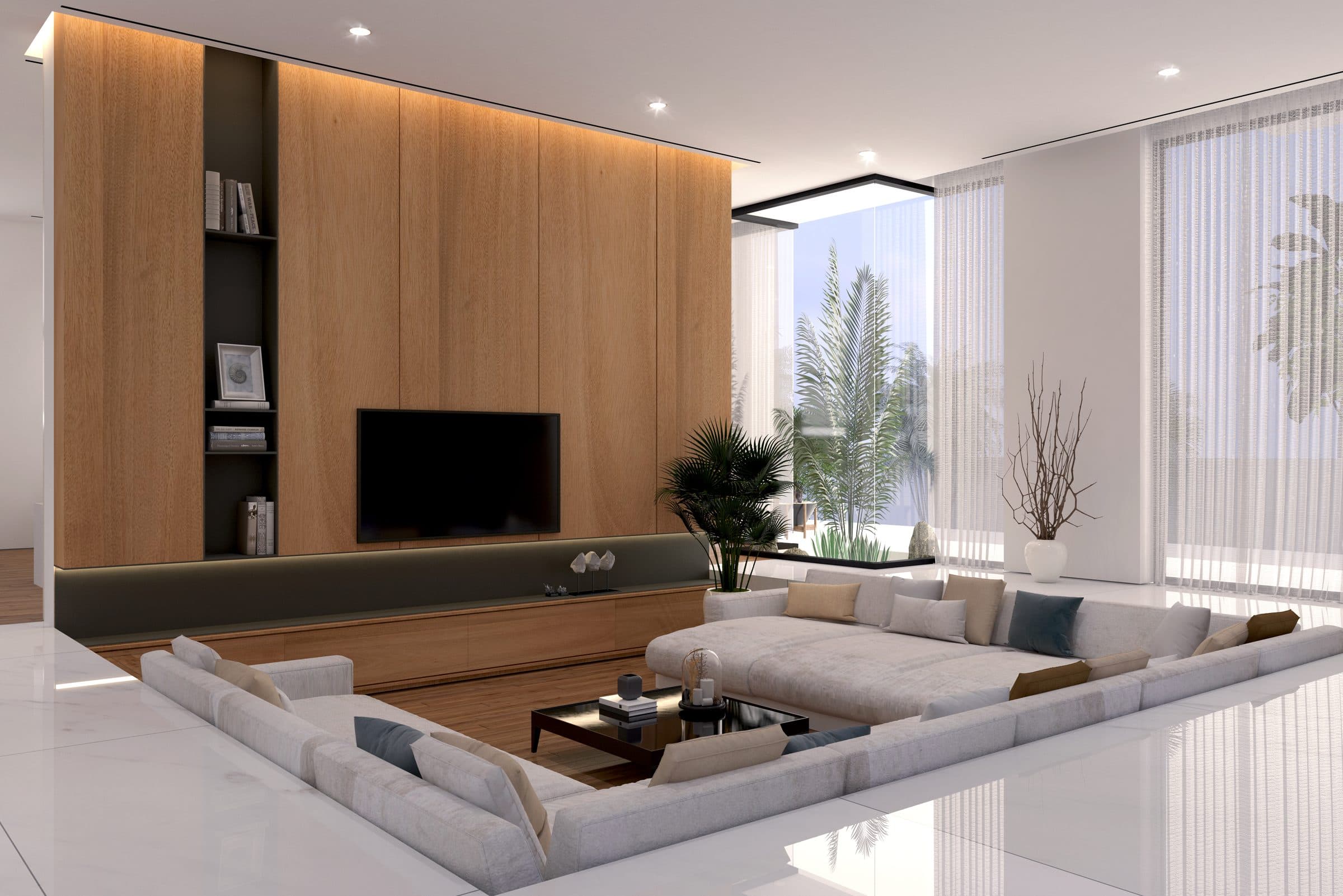 Design visualisation of the sunken lounge with built-in seating, by LKYOOB