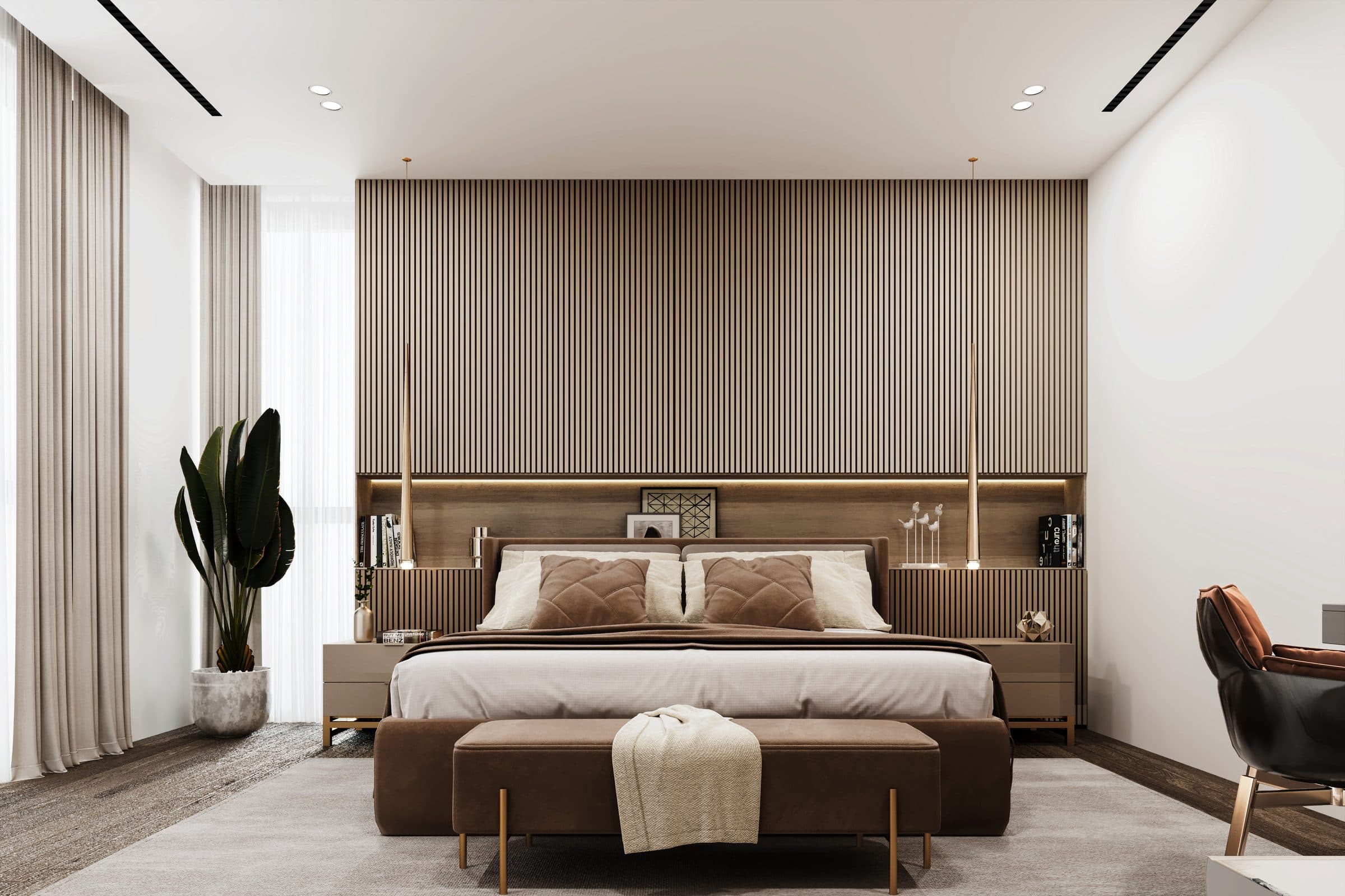 Design visualisation of the master bedroom in dark timber and bronze, by LKYOOB