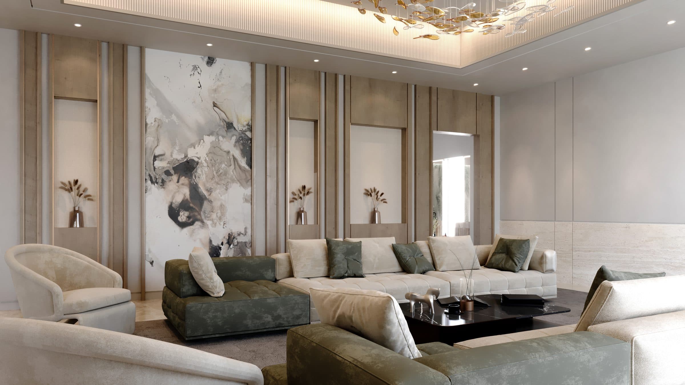 Design visualisation of a family living room with a marble wall, green velvet seating and a chandelier of hanging glass, a LKYOOB interior design