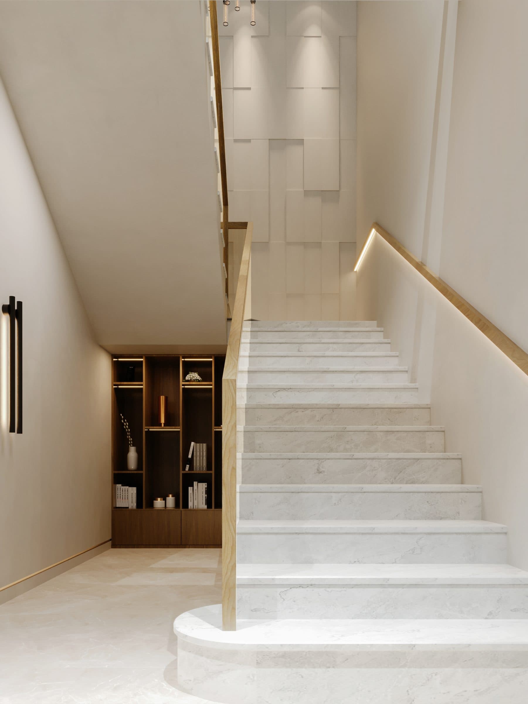 Design visualisation of the stair of marble treads beside a marble wall, by LKYOOB