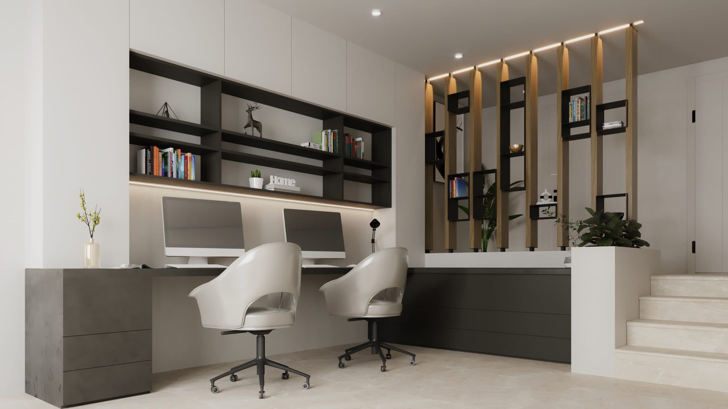 Design visualisation of the study with a long desk and shelving, by LKYOOB