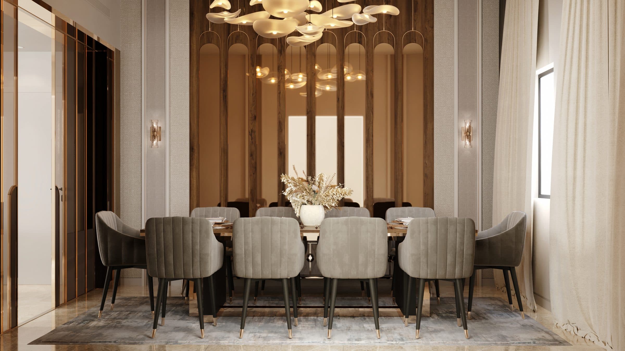 Design visualisation of the dining room under a linear chandelier, by LKYOOB