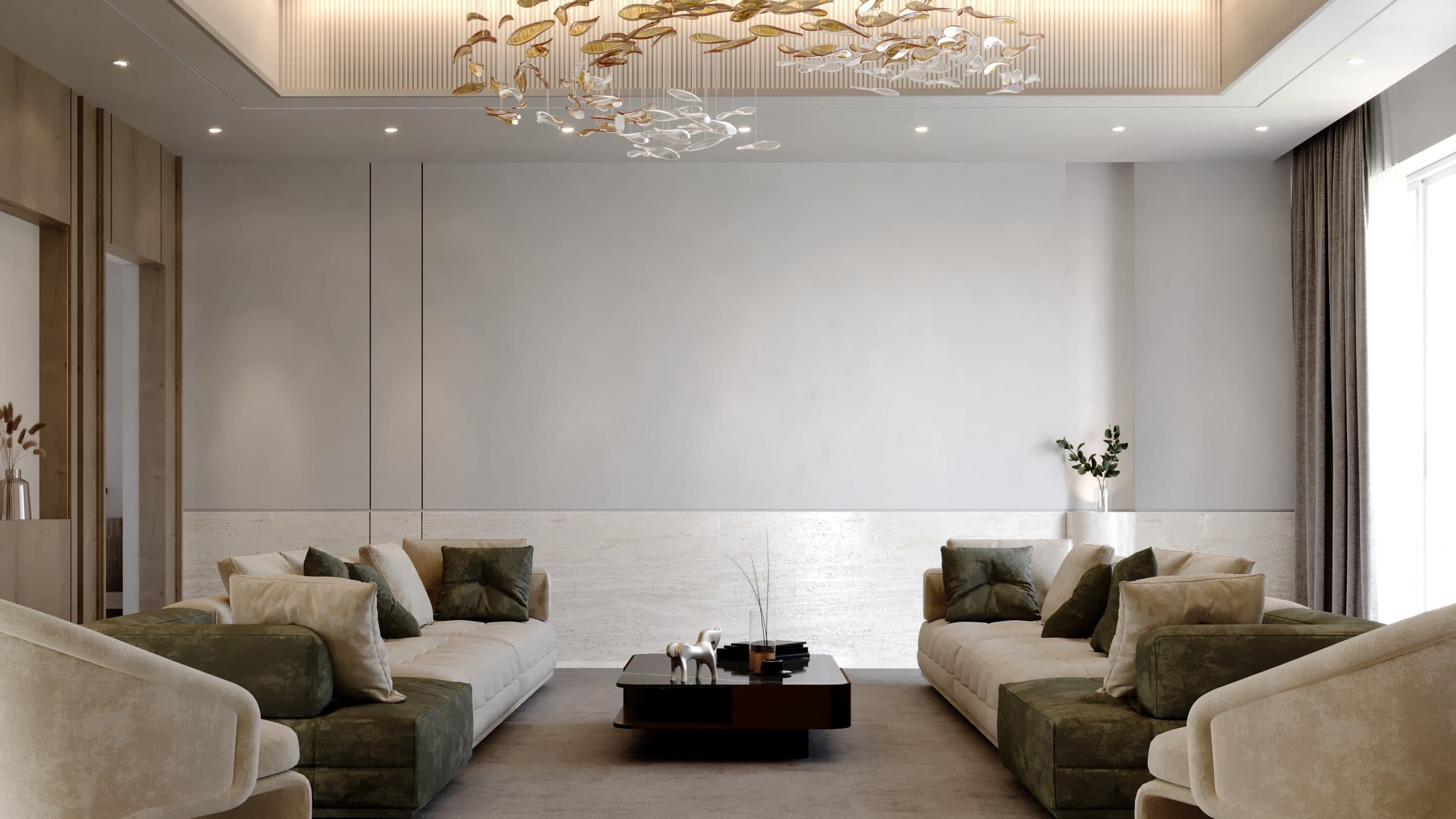 Design visualisation of the family living room in green and bronze velvet, by LKYOOB