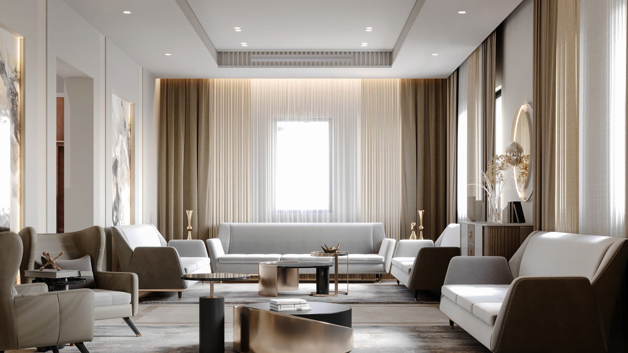 Design visualisation of the majlis with a marble wall and low seating, by LKYOOB