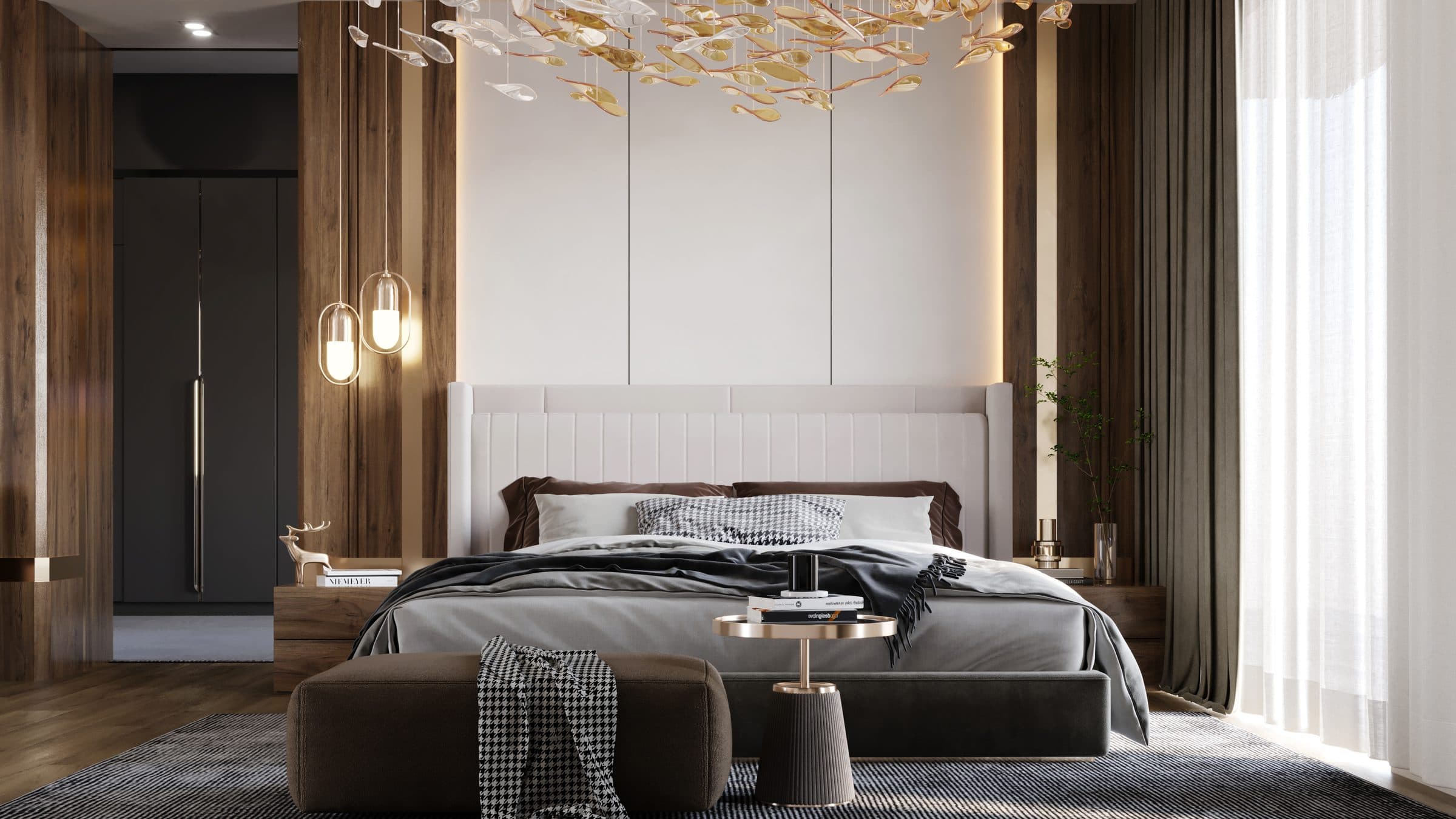 Design visualisation of the master bedroom with a padded headboard wall, by LKYOOB