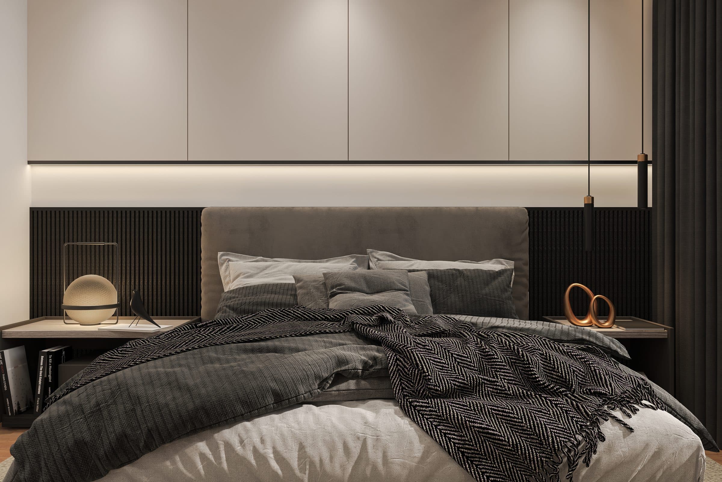Design visualisation of the guest bedroom in dark tones, by LKYOOB