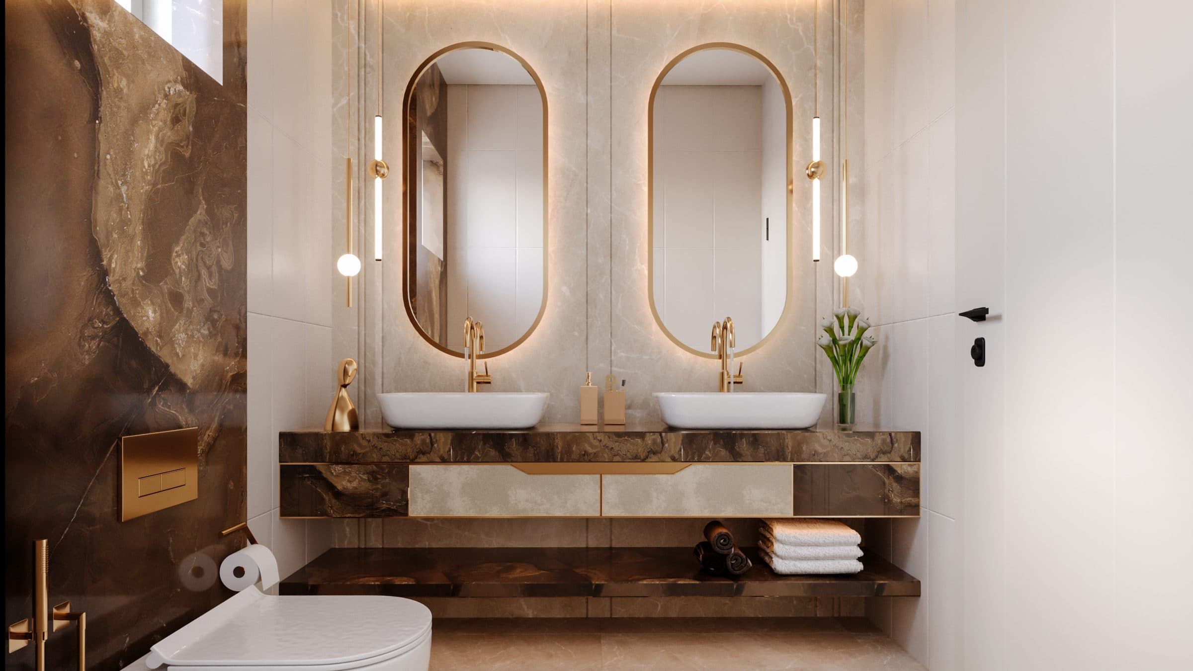 Design visualisation of the powder room with twin oval mirrors, by LKYOOB