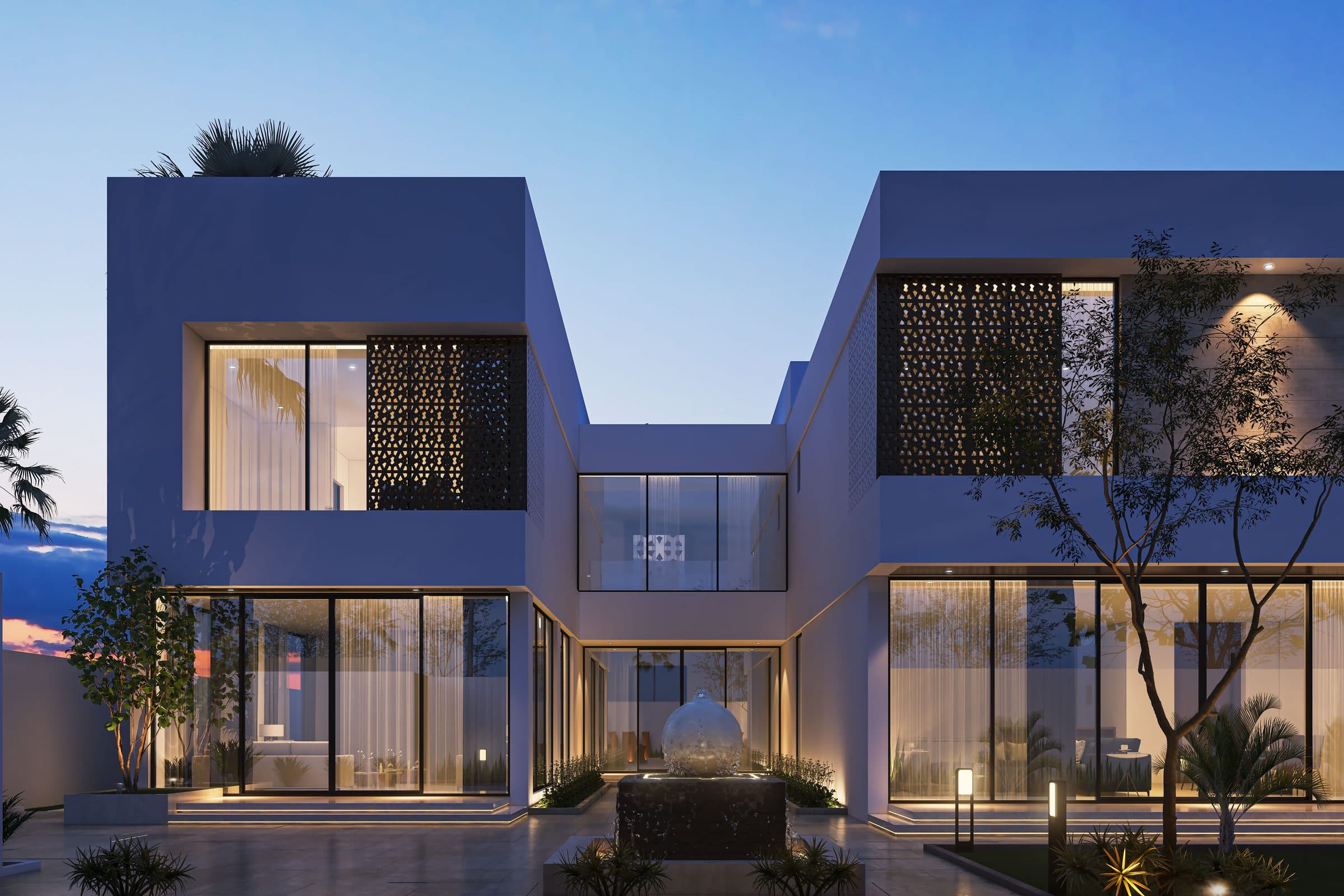 Design visualisation of a white villa with perforated metal mashrabiya panels around a lit courtyard at dusk, a LKYOOB villa design