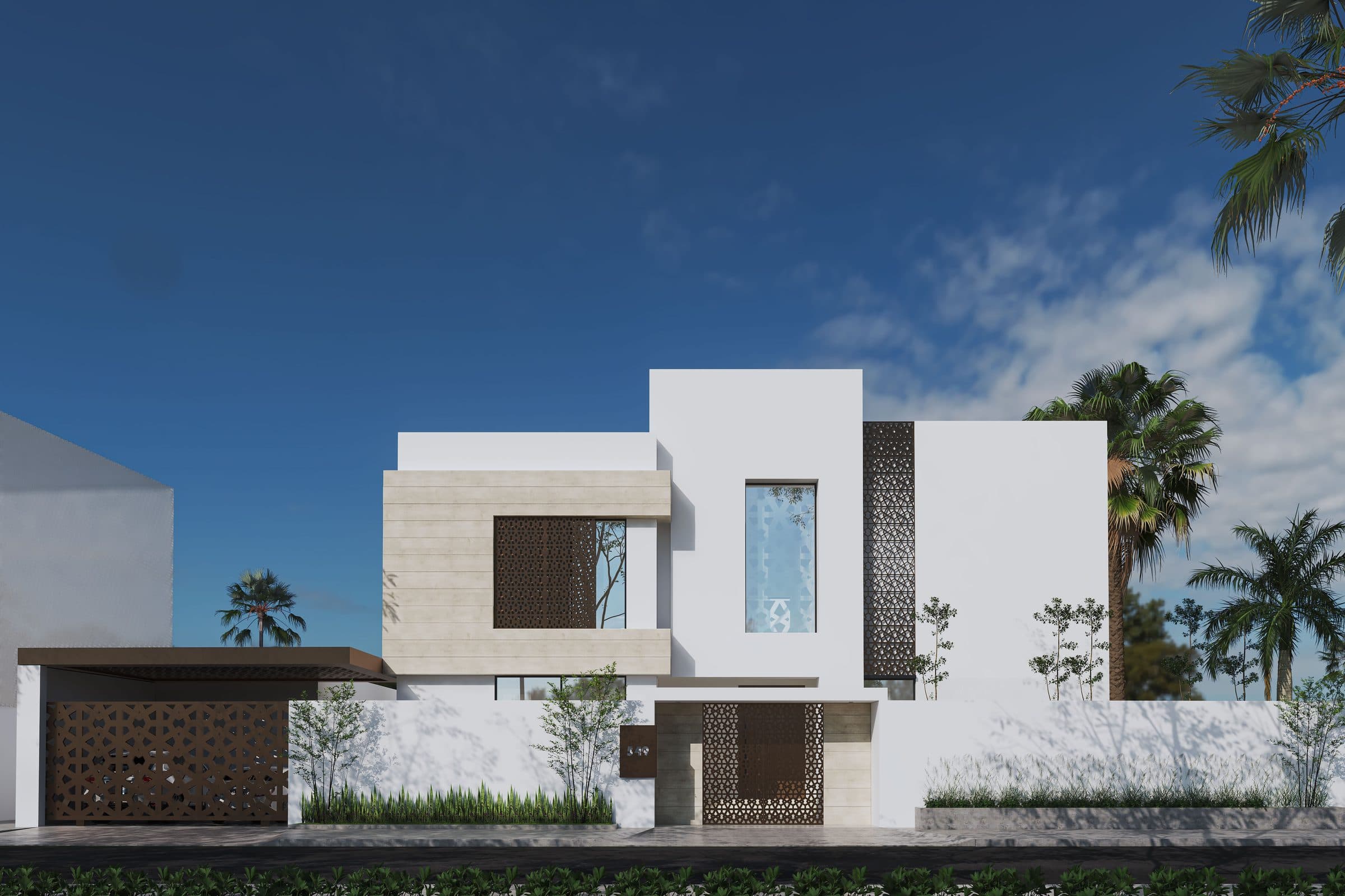 Design visualisation of the street elevation in daylight, white and stone volumes with perforated metal panels, by LKYOOB