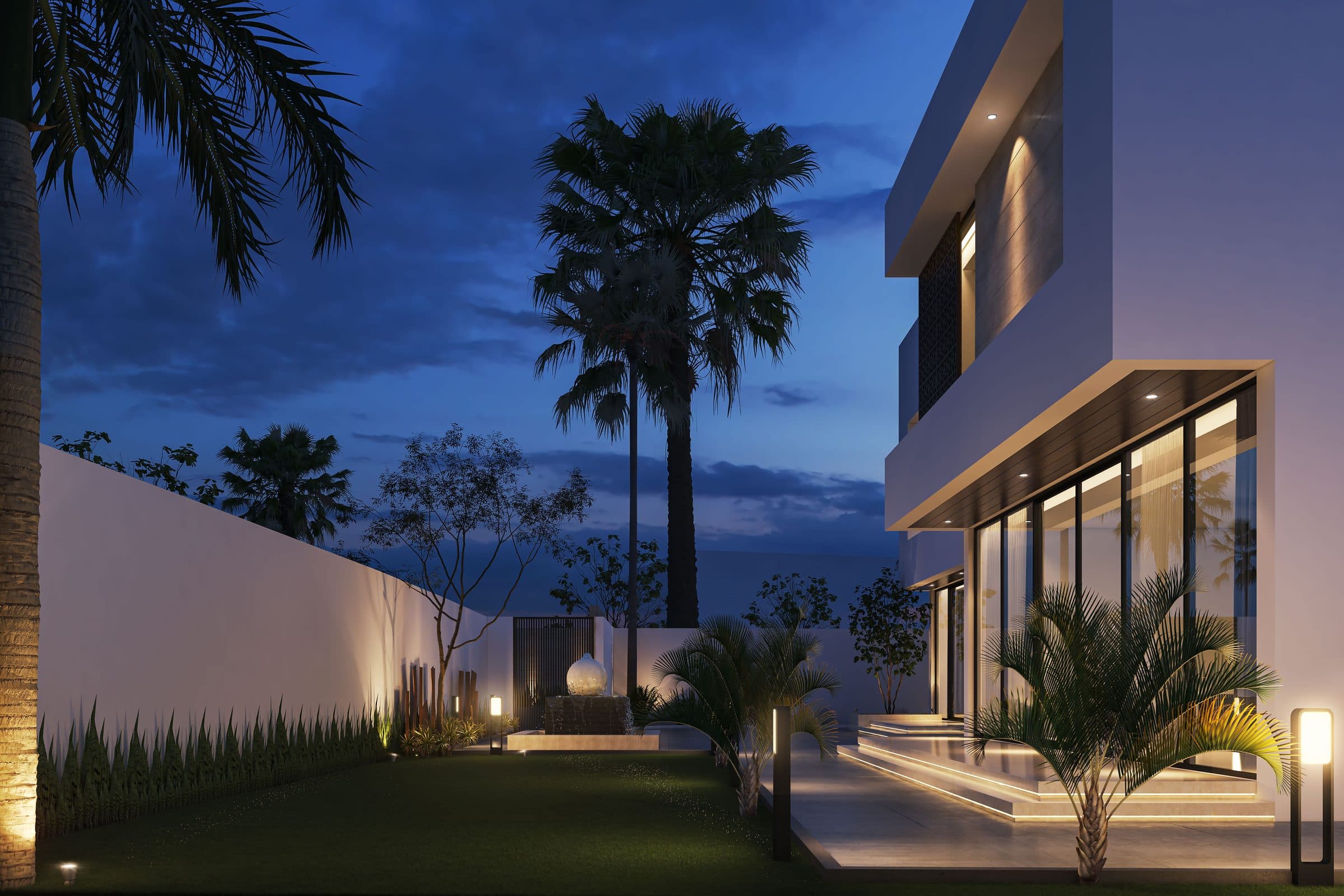 Design visualisation of the garden side at dusk, a lawn between the boundary wall and the glazed wing, by LKYOOB