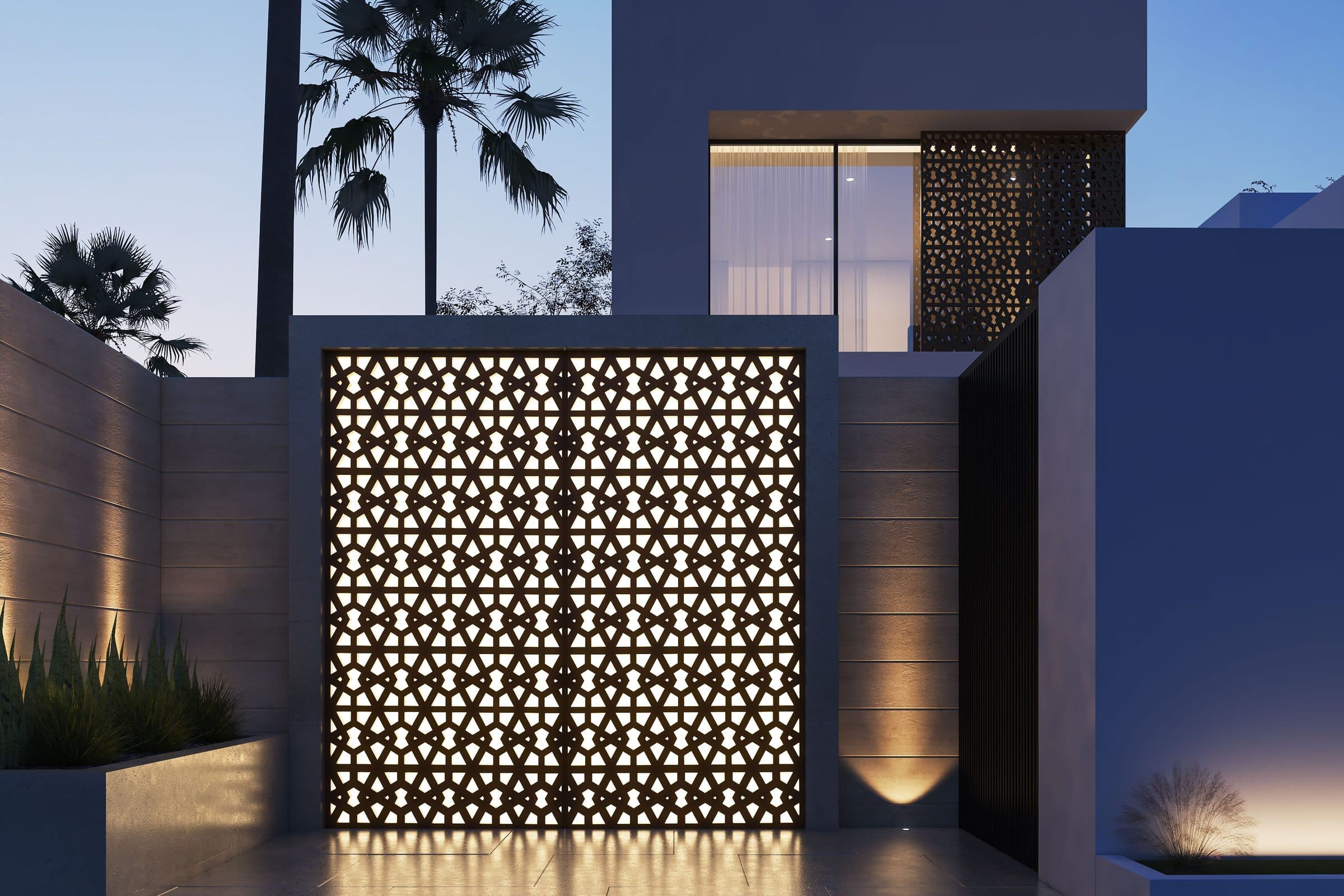 Design visualisation of the perforated metal entrance gate lit from behind between stone walls, by LKYOOB