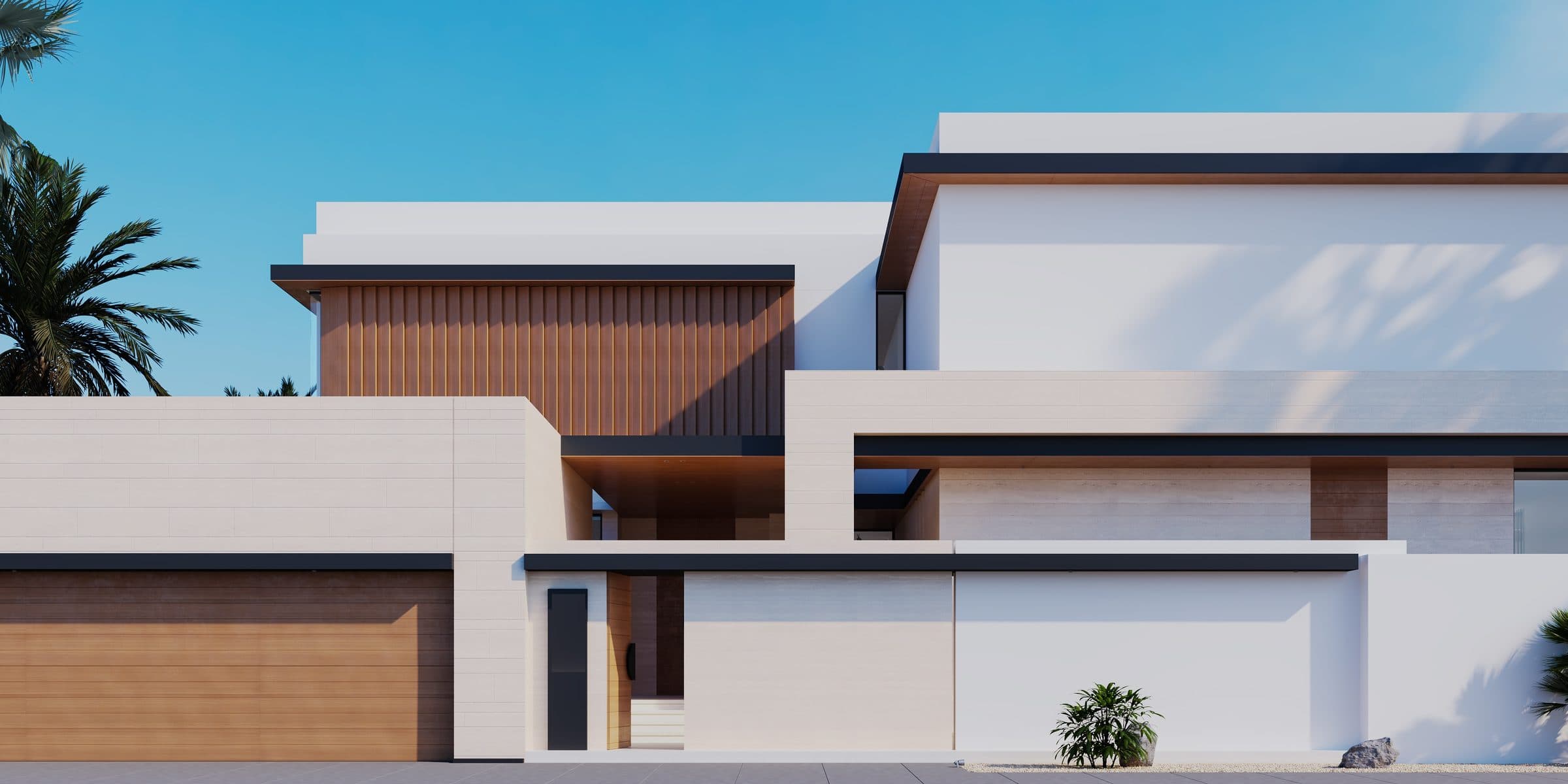 Design visualisation of the street elevation in daylight, timber slats above travertine, by LKYOOB