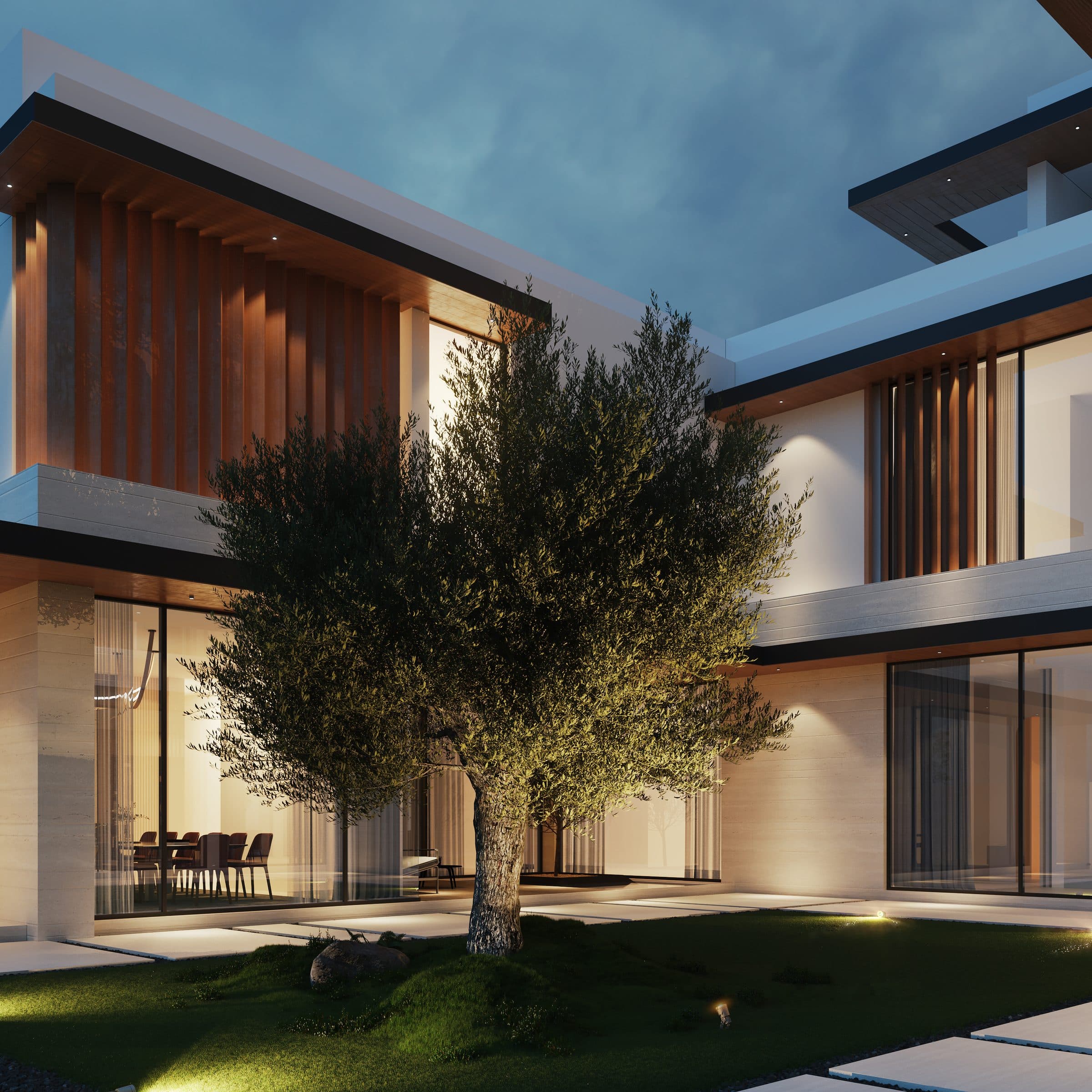 Design visualisation of the olive courtyard at dusk between glazed walls, by LKYOOB